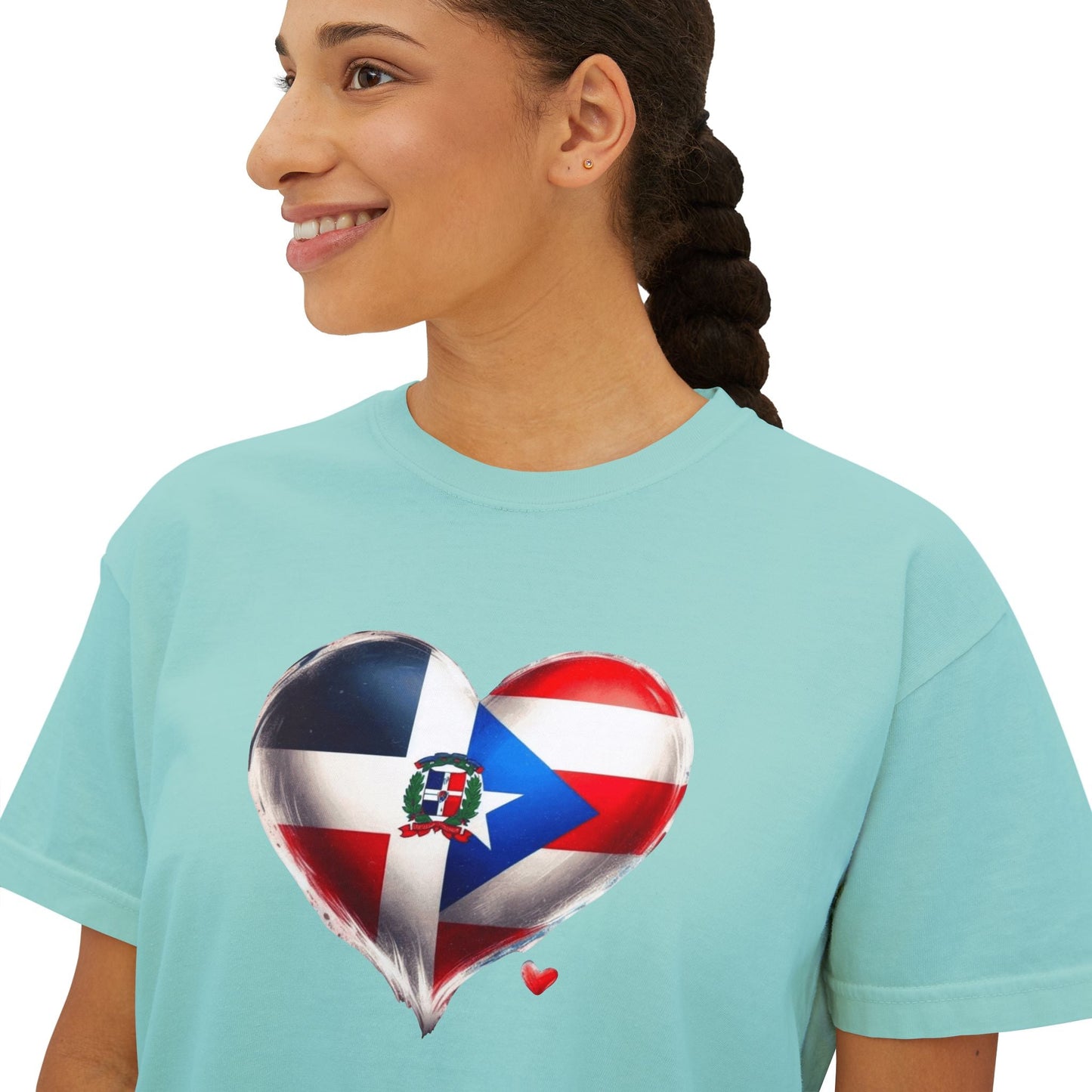 DomiRikan Heart Women’s Boxy Tee – Boricua & Dominicana Pride Shirt, Vintage Fit, Festival Gift Top - Metamorphosis Creations