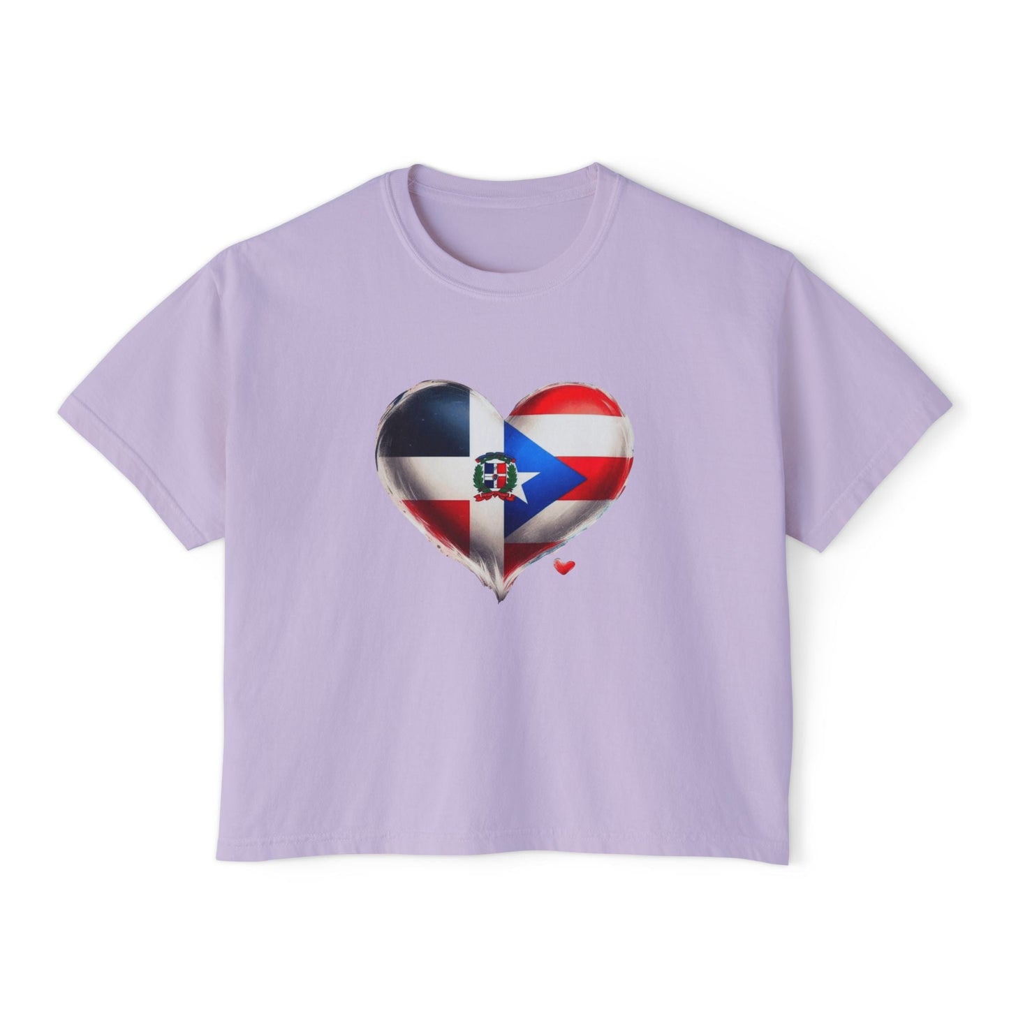 DomiRikan Heart Women’s Boxy Tee – Boricua & Dominicana Pride Shirt, Vintage Fit, Festival Gift Top - Metamorphosis Creations