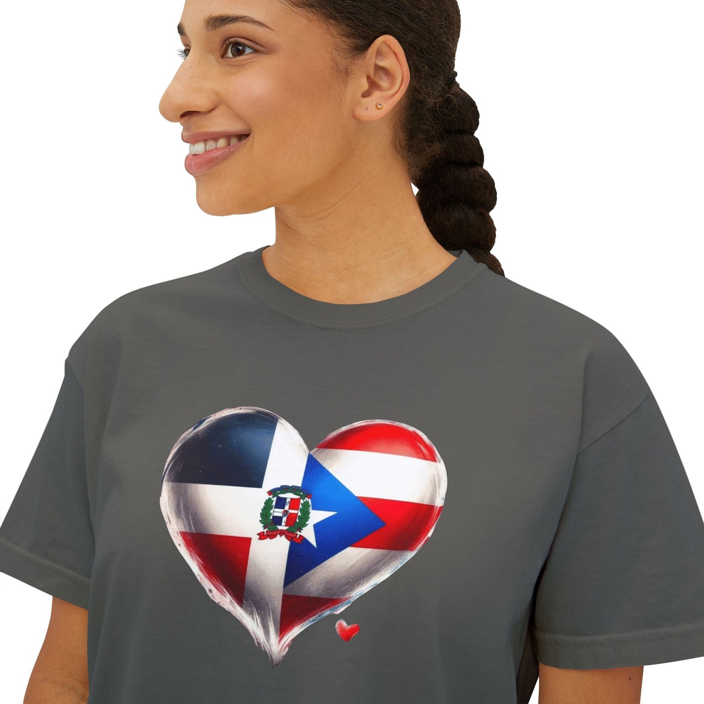 DomiRikan Heart Women’s Boxy Tee – Boricua & Dominicana Pride Shirt, Vintage Fit, Festival Gift Top - Metamorphosis Creations