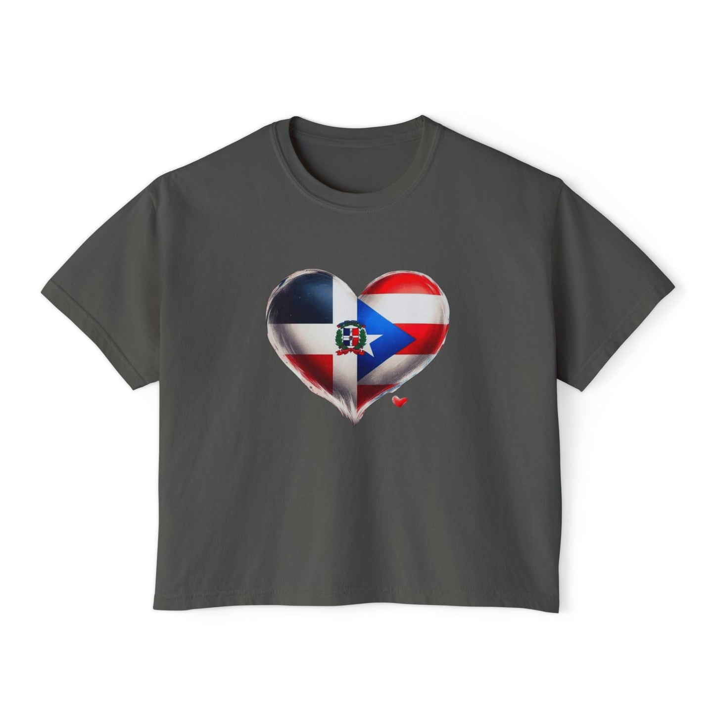 DomiRikan Heart Women’s Boxy Tee – Boricua & Dominicana Pride Shirt, Vintage Fit, Festival Gift Top - Metamorphosis Creations