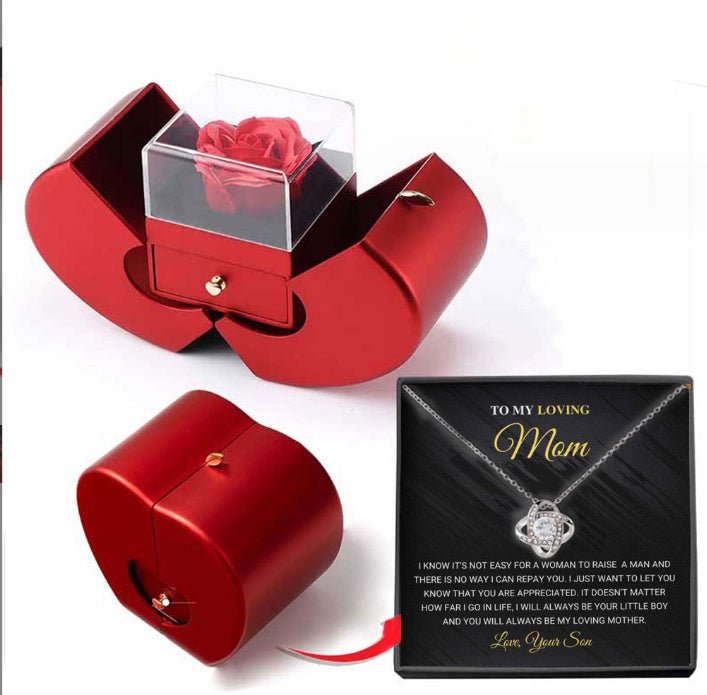 Fashion Jewelry Box Red Apple Christmas Gift Necklace Eternal Rose For Girl Mother's Day Valentine's Day Gifts With Artificial Flower Rose Flower Jewelry Box - Metamorphosis Creations