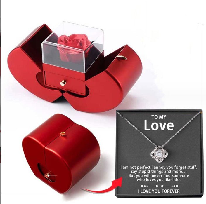 Fashion Jewelry Box Red Apple Christmas Gift Necklace Eternal Rose For Girl Mother's Day Valentine's Day Gifts With Artificial Flower Rose Flower Jewelry Box - Metamorphosis Creations