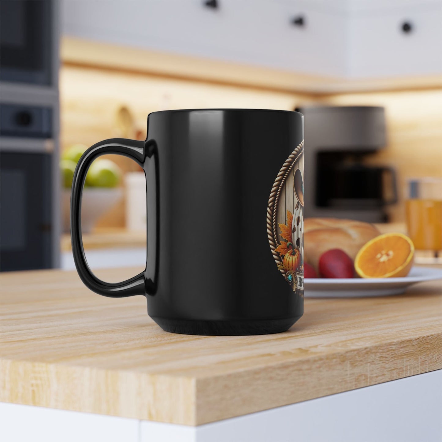 Howdy Fall Pumpkin Mug, Black Coffee Cup for Autumn, Seasonal Decor, Thanksgiving Gift, Rustic Kitchen - Metamorphosis Creations
