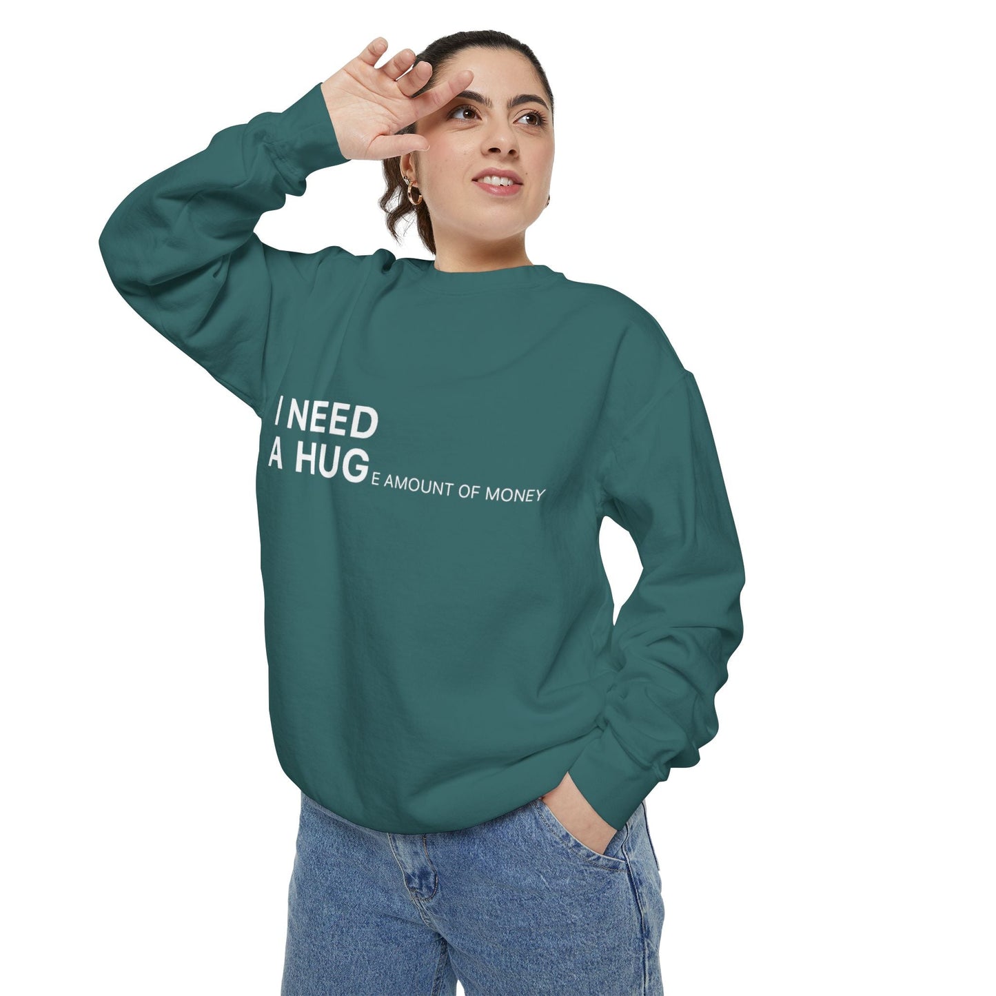 I Need A Hug Sweatshirt, Cozy Garment - Dyed Unisex Crew, Cute Gift for Friends, Warm Layer for Any Occasion, Perfect for Birthdays - Metamorphosis Creations