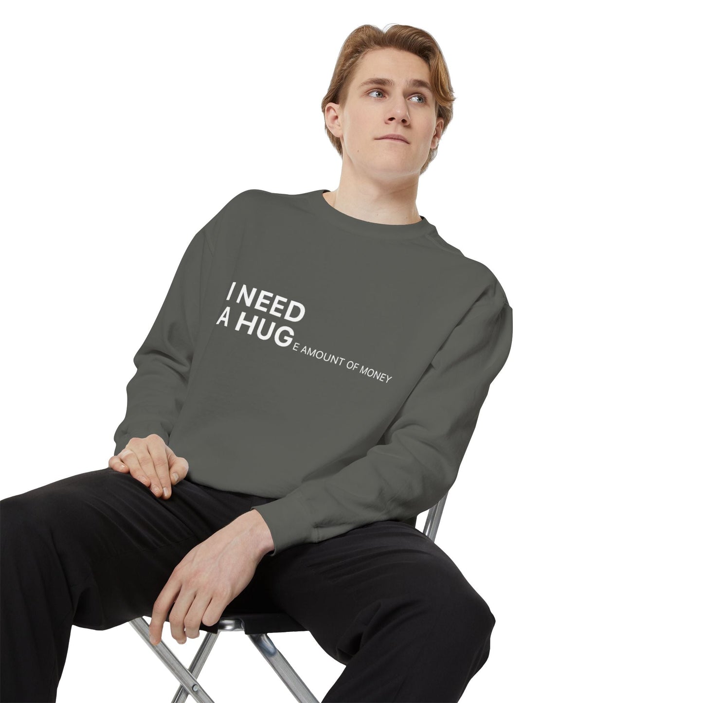 I Need A Hug Sweatshirt, Cozy Garment - Dyed Unisex Crew, Cute Gift for Friends, Warm Layer for Any Occasion, Perfect for Birthdays - Metamorphosis Creations