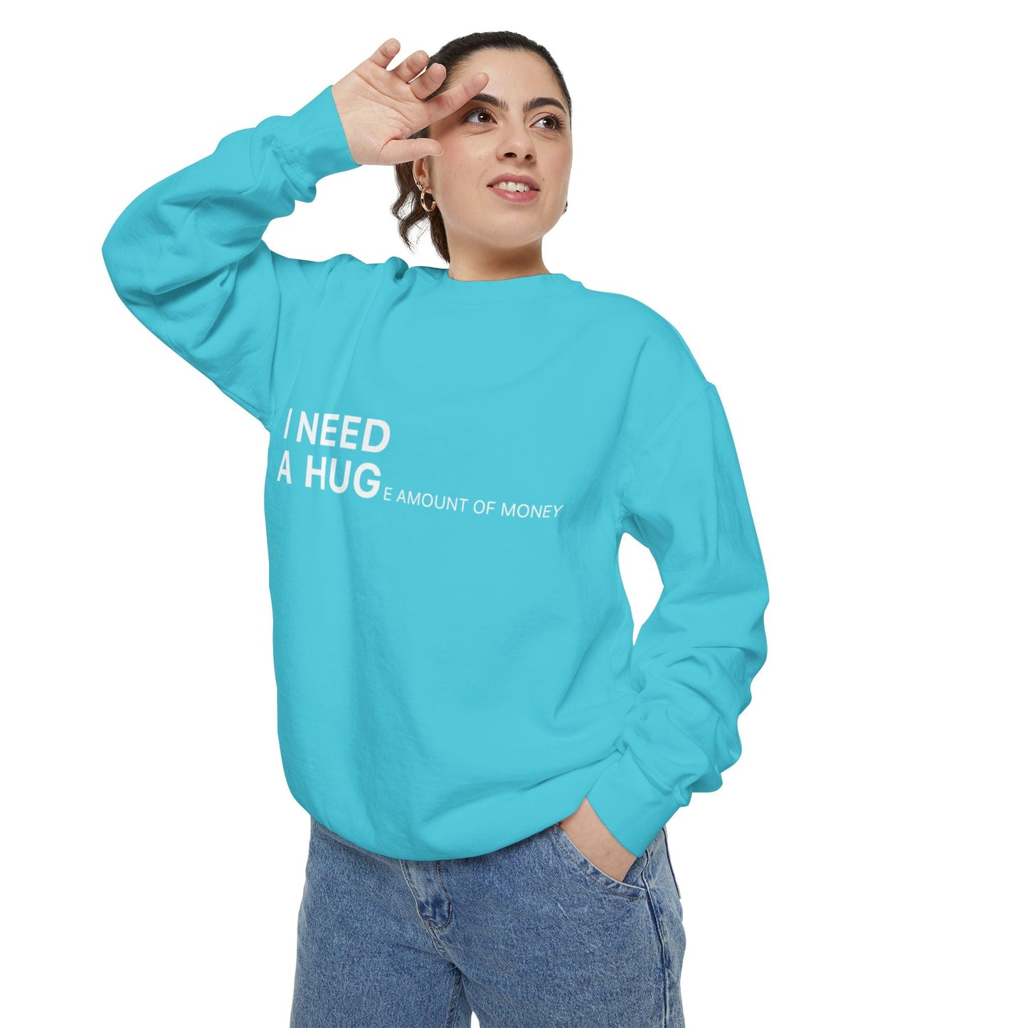I Need A Hug Sweatshirt, Cozy Garment - Dyed Unisex Crew, Cute Gift for Friends, Warm Layer for Any Occasion, Perfect for Birthdays - Metamorphosis Creations
