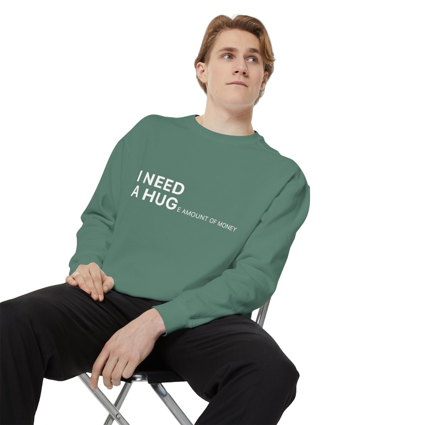 I Need A Hug Sweatshirt, Cozy Garment - Dyed Unisex Crew, Cute Gift for Friends, Warm Layer for Any Occasion, Perfect for Birthdays - Metamorphosis Creations