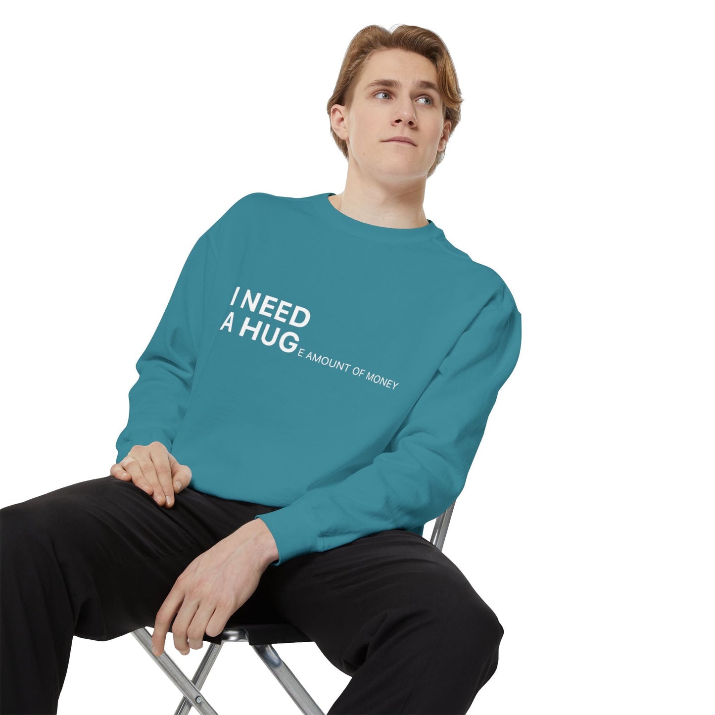 I Need A Hug Sweatshirt, Cozy Garment - Dyed Unisex Crew, Cute Gift for Friends, Warm Layer for Any Occasion, Perfect for Birthdays - Metamorphosis Creations