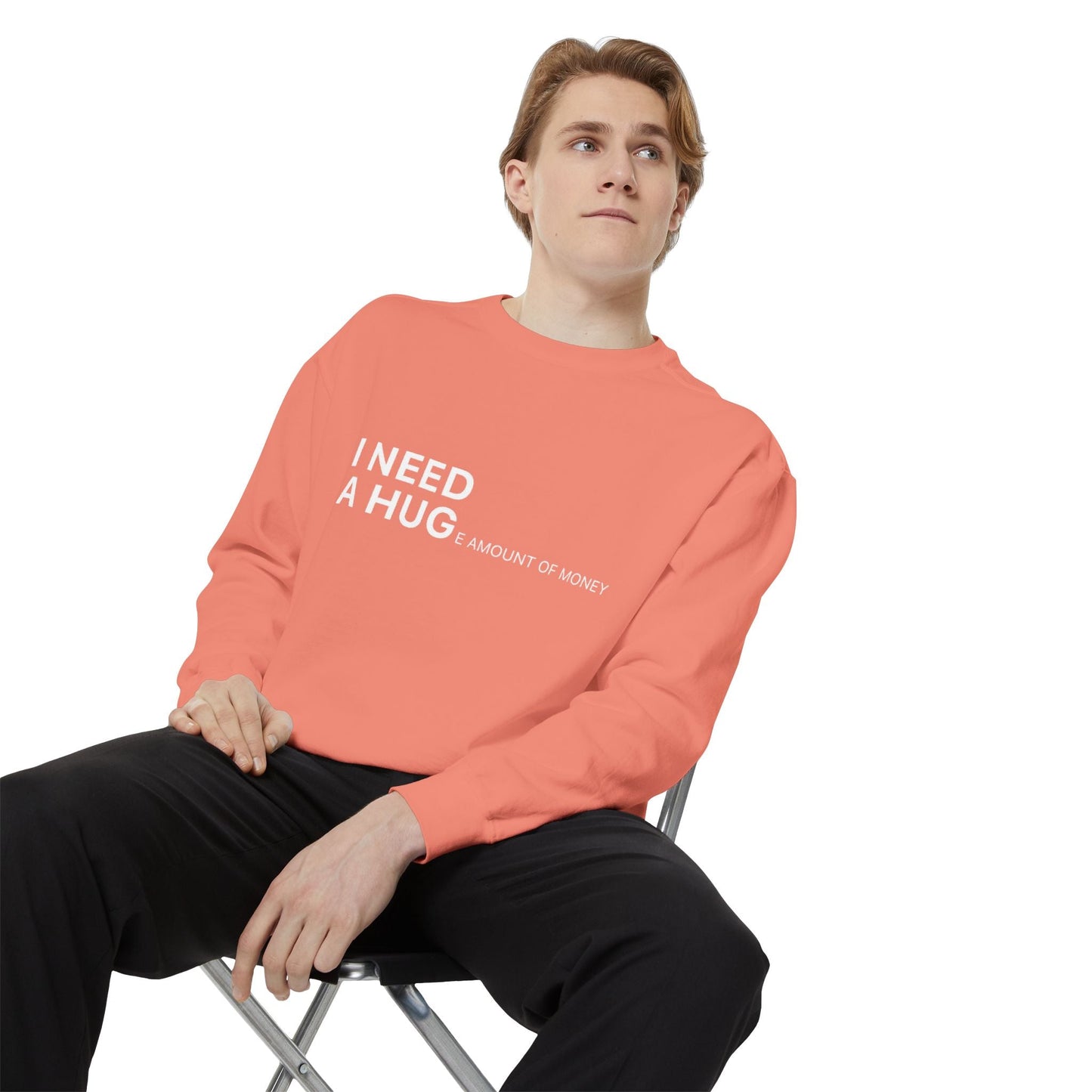 I Need A Hug Sweatshirt, Cozy Garment - Dyed Unisex Crew, Cute Gift for Friends, Warm Layer for Any Occasion, Perfect for Birthdays - Metamorphosis Creations