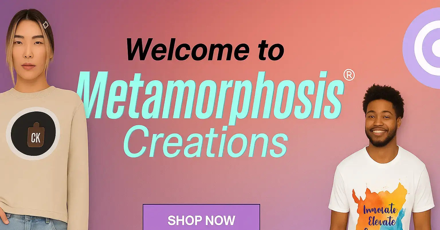 Two people wearing t-shirts with brand logos against a gradient background with 'Metamorphosis Creations' text.