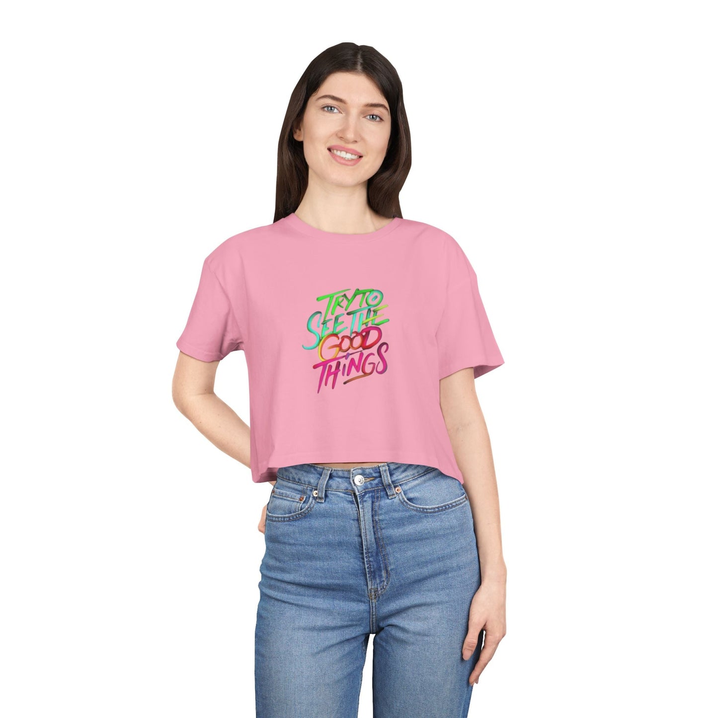 Motivational & Self - Love Women's Crop Tee - 'Try to See the Good Things' | Positive Vibes, Summer Fashion, Gift Idea, Casual Wear, Self - Care - Metamorphosis Creations