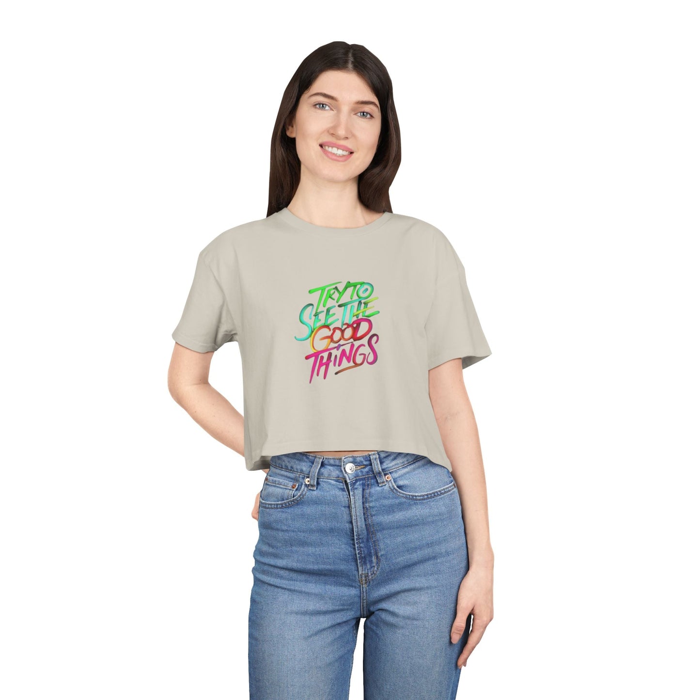 Motivational & Self - Love Women's Crop Tee - 'Try to See the Good Things' | Positive Vibes, Summer Fashion, Gift Idea, Casual Wear, Self - Care - Metamorphosis Creations