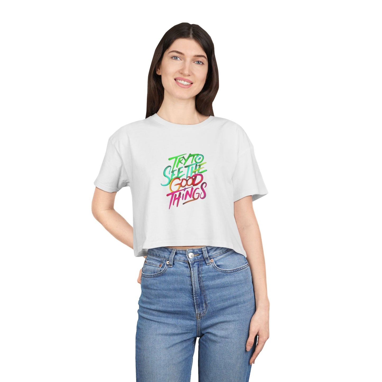 Motivational & Self - Love Women's Crop Tee - 'Try to See the Good Things' | Positive Vibes, Summer Fashion, Gift Idea, Casual Wear, Self - Care - Metamorphosis Creations