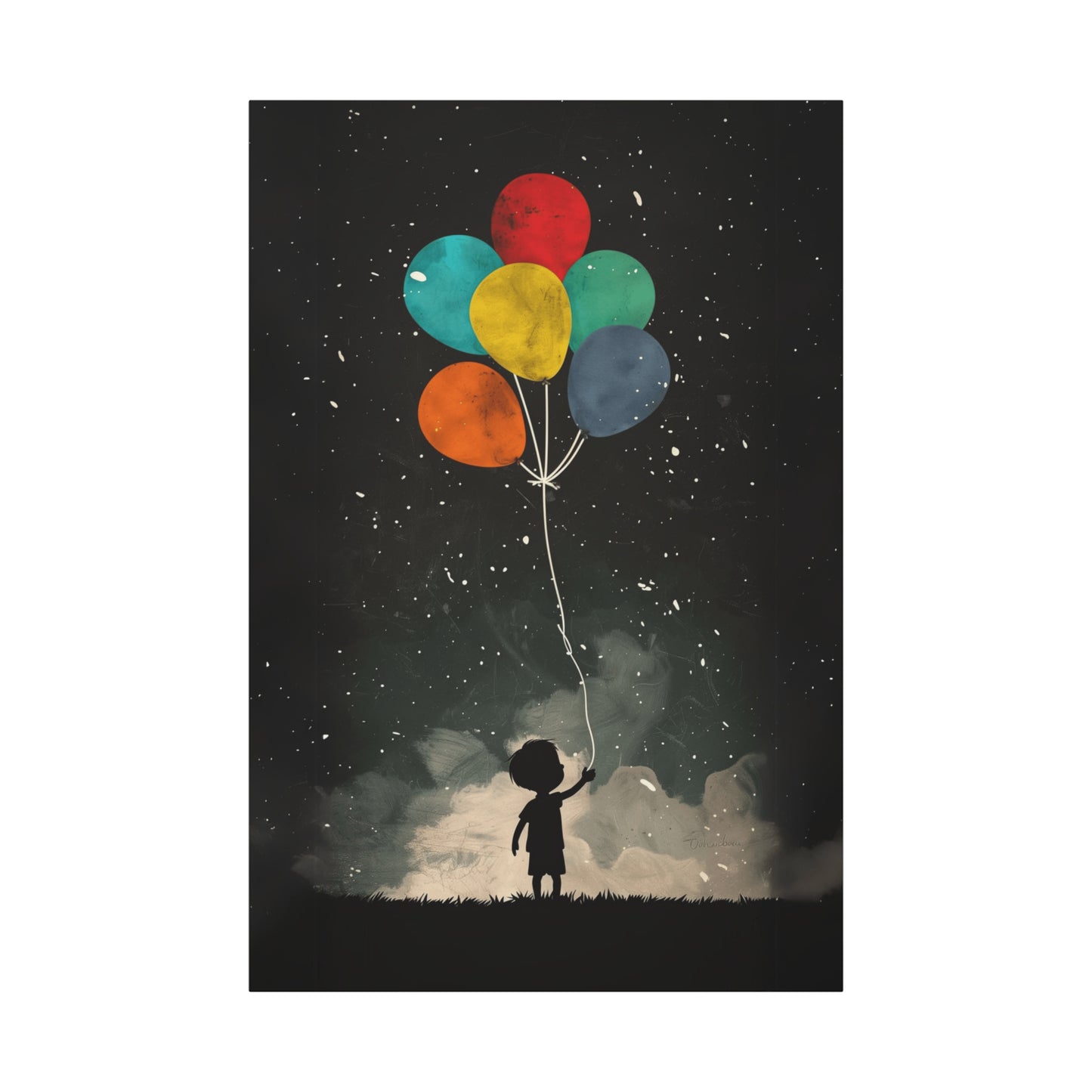 nursery wall canvas with child holding balloons vertical art print
whimsical baby shower gift canvas art for kids room
pastel colored child and balloon wall decor lifestyle view