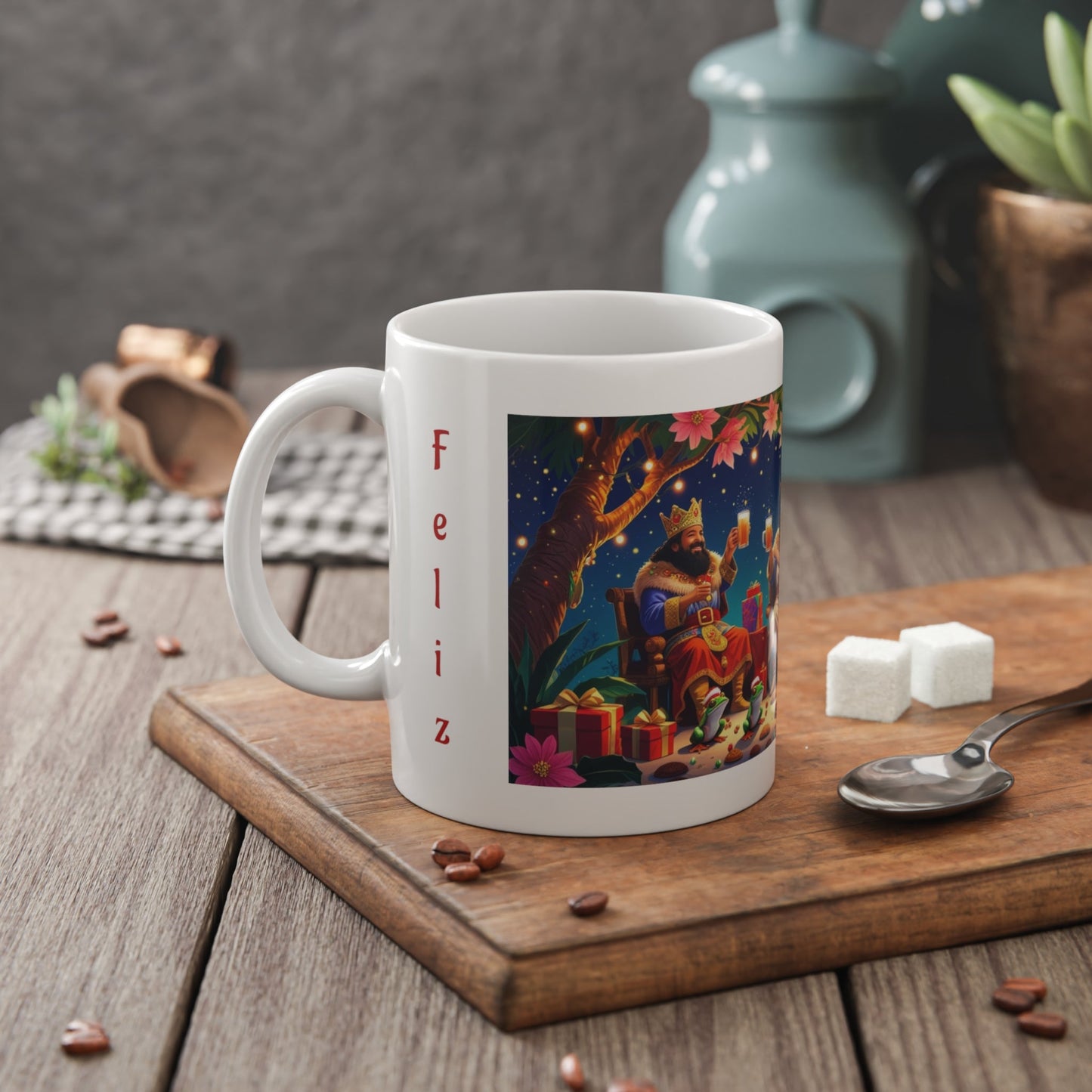 Puerto Rican Christmas Festive Holiday Mug for Coffee Lovers, Cute Gift for Christmas, Winter Wonderland Decor, 'Feliz' Design, Cozy Beverage Companion - Metamorphosis Creations