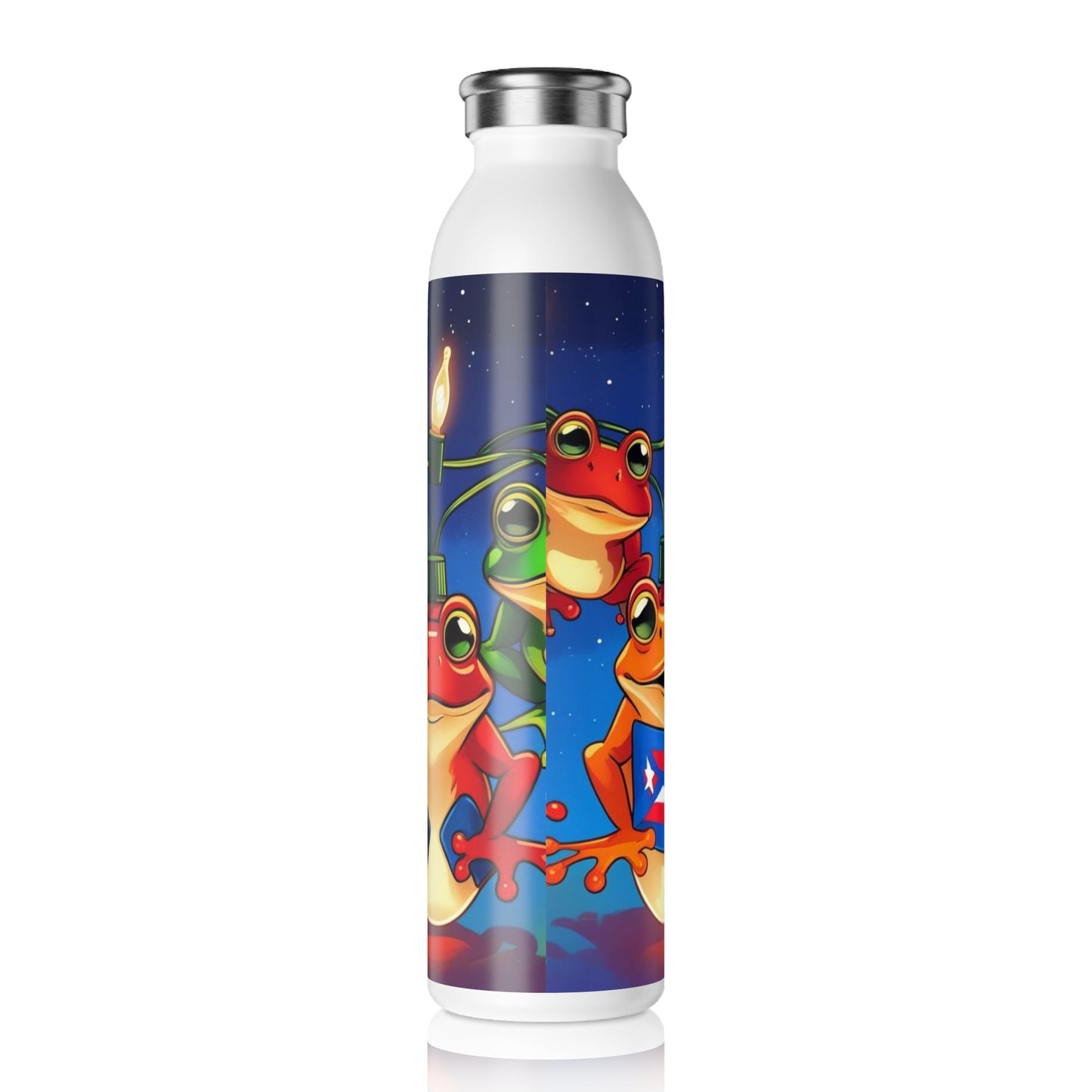 Puerto Rican Christmas Frog - Themed Slim Water Bottle, Fun Hydration for Kids, Summer Adventures, Birthday Gift, Eco - Friendly Drinkware - Metamorphosis Creations