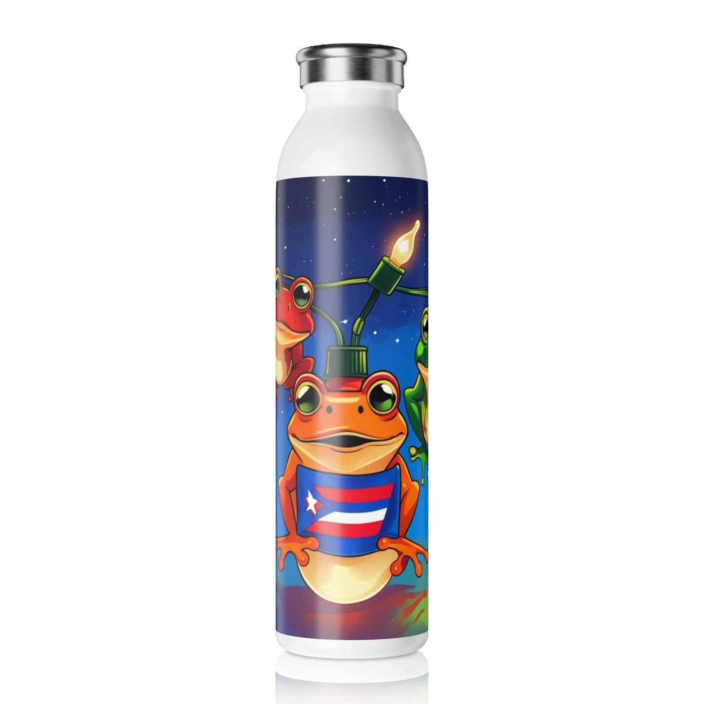 Puerto Rican Christmas Frog - Themed Slim Water Bottle, Fun Hydration for Kids, Summer Adventures, Birthday Gift, Eco - Friendly Drinkware - Metamorphosis Creations