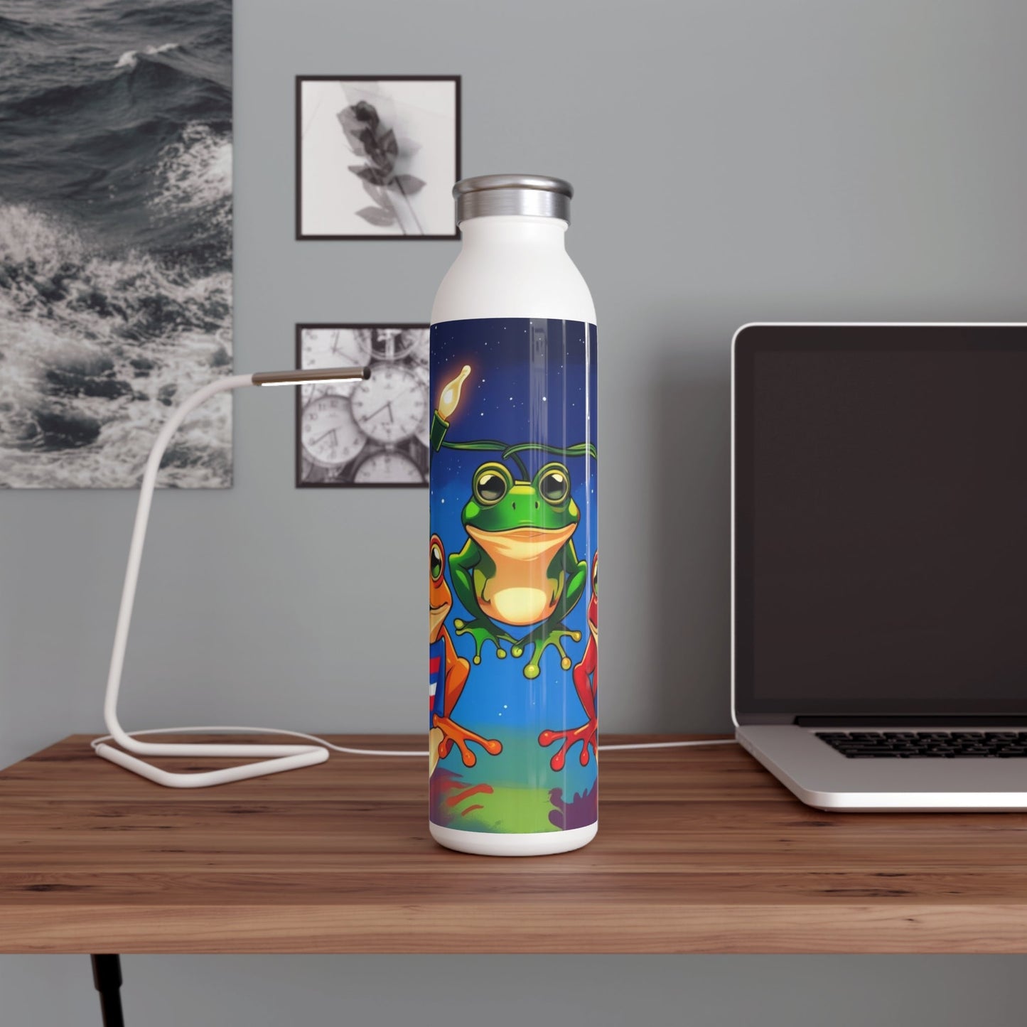 Puerto Rican Christmas Frog - Themed Slim Water Bottle, Fun Hydration for Kids, Summer Adventures, Birthday Gift, Eco - Friendly Drinkware - Metamorphosis Creations