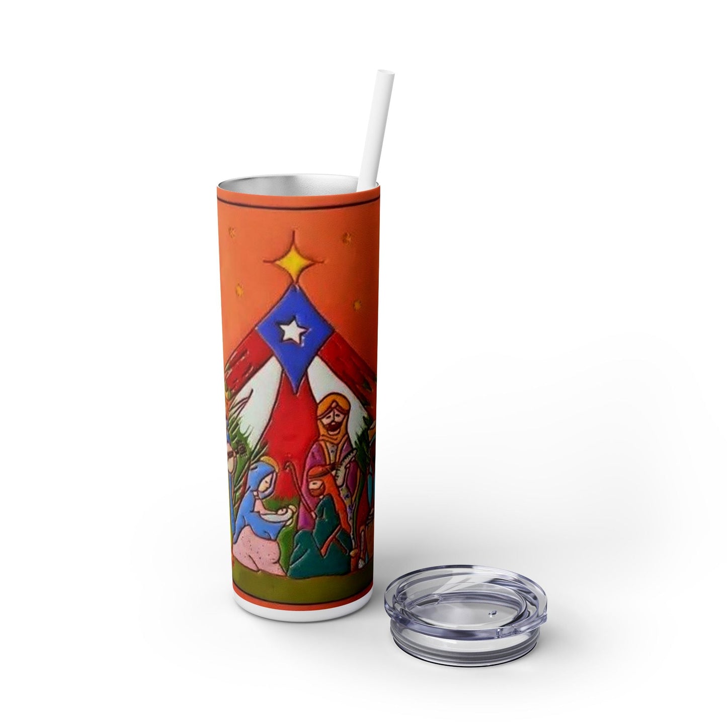 Puerto Rican Christmas Vibrant Nativity Skinny Tumbler, 20oz – Colorful Christmas Travel Mug, Holiday Gift, Personalized Drinkware, Festive Straw Cup - Metamorphosis Creations
