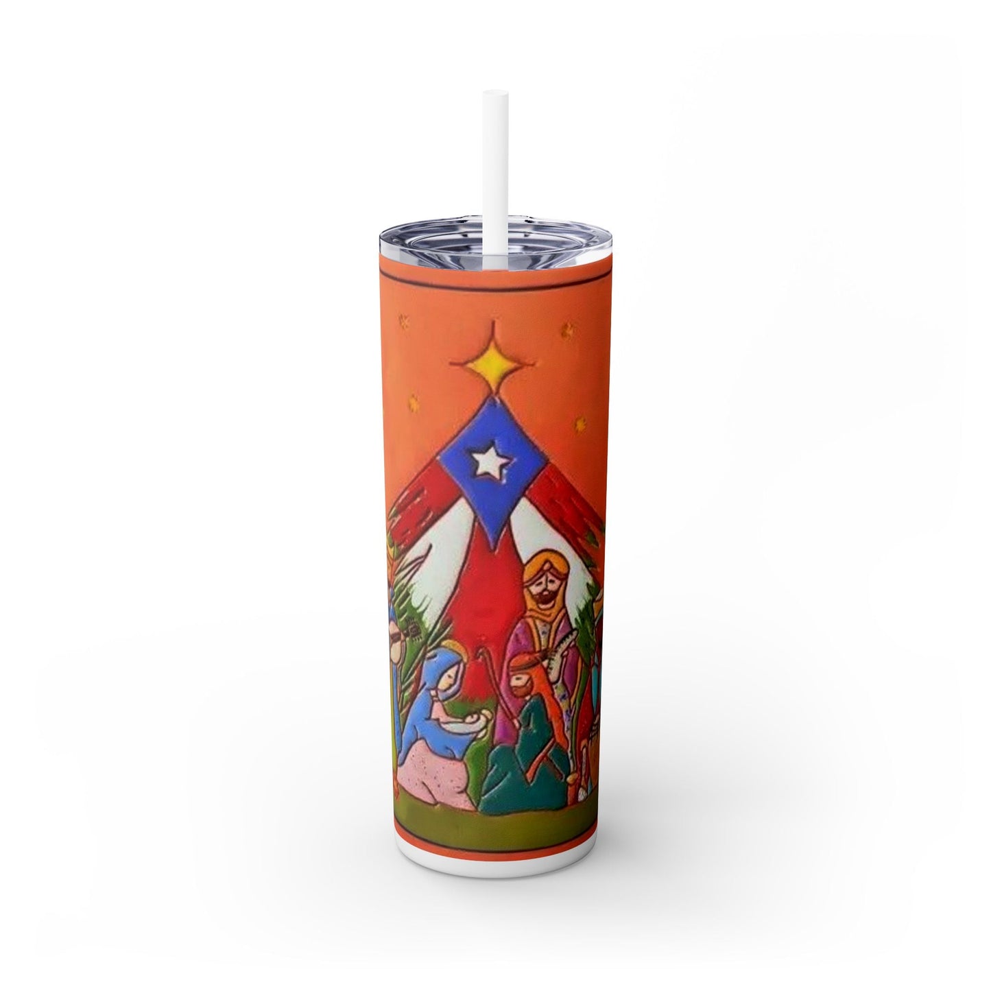 Puerto Rican Christmas Vibrant Nativity Skinny Tumbler, 20oz – Colorful Christmas Travel Mug, Holiday Gift, Personalized Drinkware, Festive Straw Cup - Metamorphosis Creations