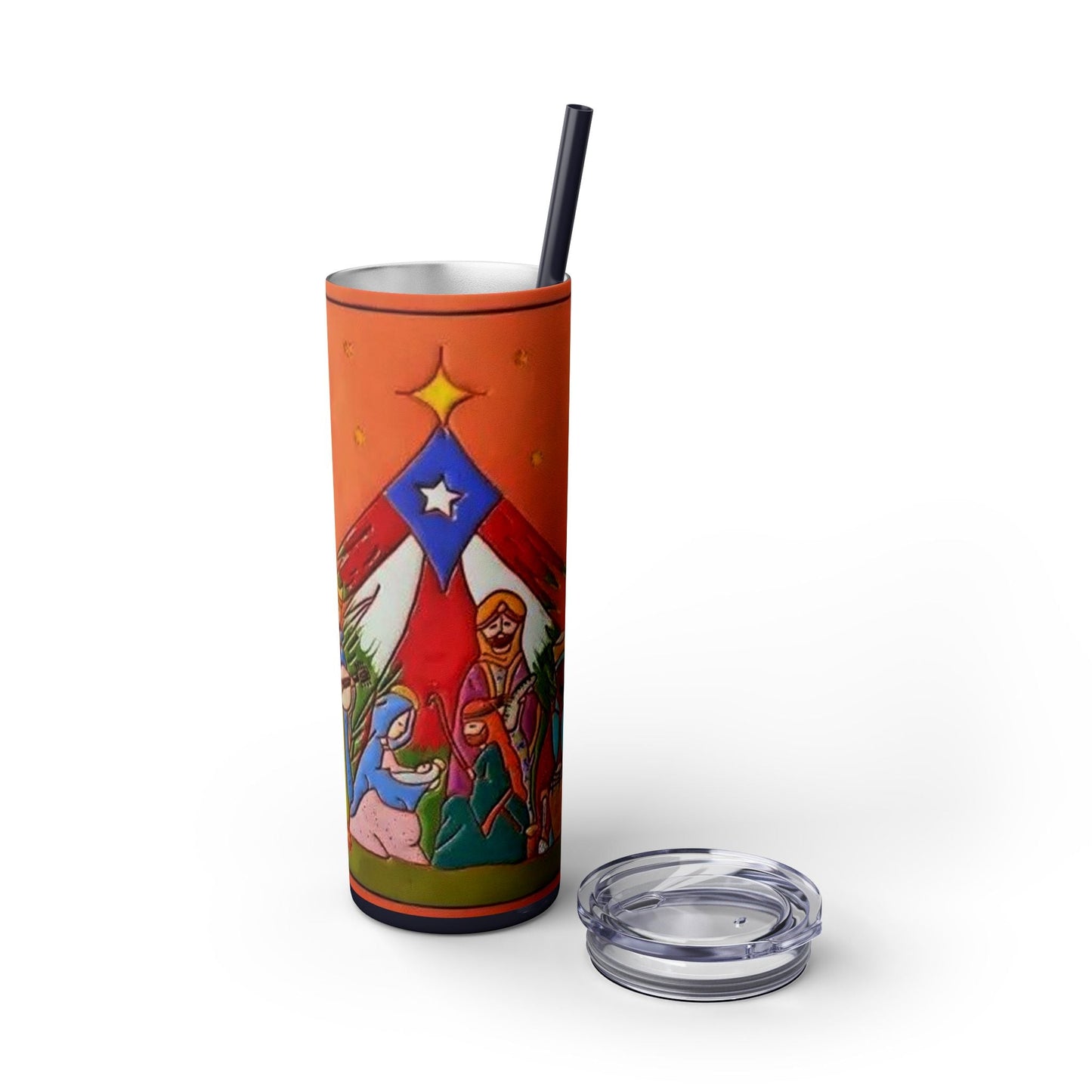 Puerto Rican Christmas Vibrant Nativity Skinny Tumbler, 20oz – Colorful Christmas Travel Mug, Holiday Gift, Personalized Drinkware, Festive Straw Cup - Metamorphosis Creations