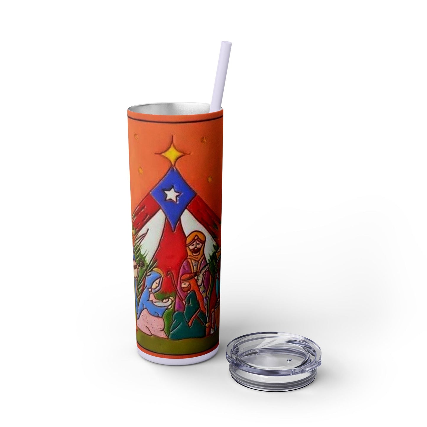 Puerto Rican Christmas Vibrant Nativity Skinny Tumbler, 20oz – Colorful Christmas Travel Mug, Holiday Gift, Personalized Drinkware, Festive Straw Cup - Metamorphosis Creations