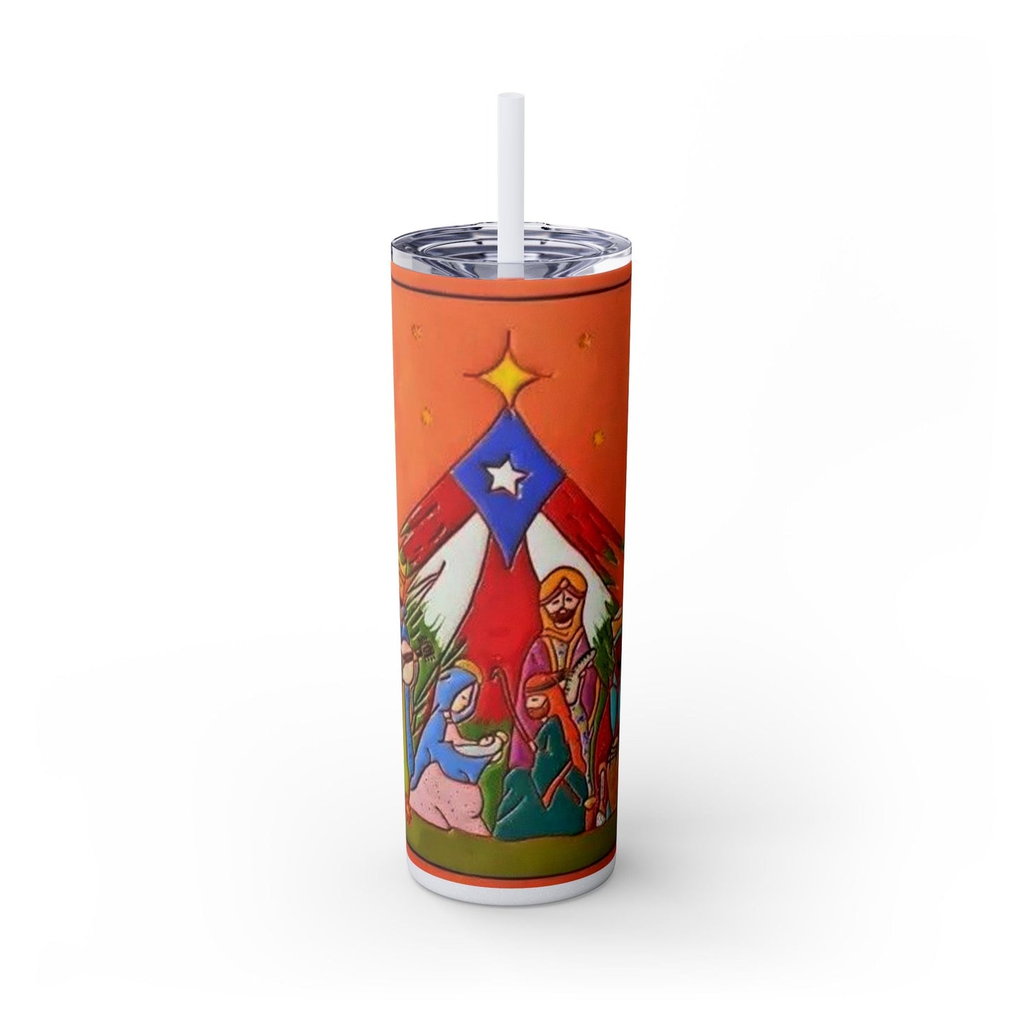 Puerto Rican Christmas Vibrant Nativity Skinny Tumbler, 20oz – Colorful Christmas Travel Mug, Holiday Gift, Personalized Drinkware, Festive Straw Cup - Metamorphosis Creations