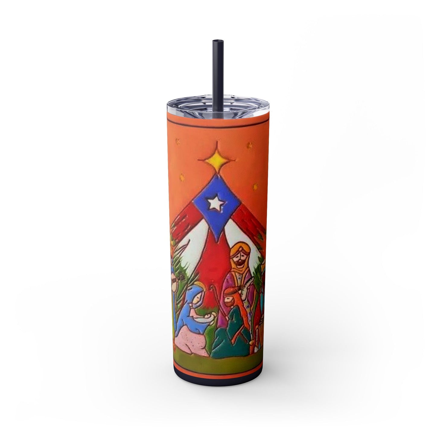 Puerto Rican Christmas Vibrant Nativity Skinny Tumbler, 20oz – Colorful Christmas Travel Mug, Holiday Gift, Personalized Drinkware, Festive Straw Cup - Metamorphosis Creations