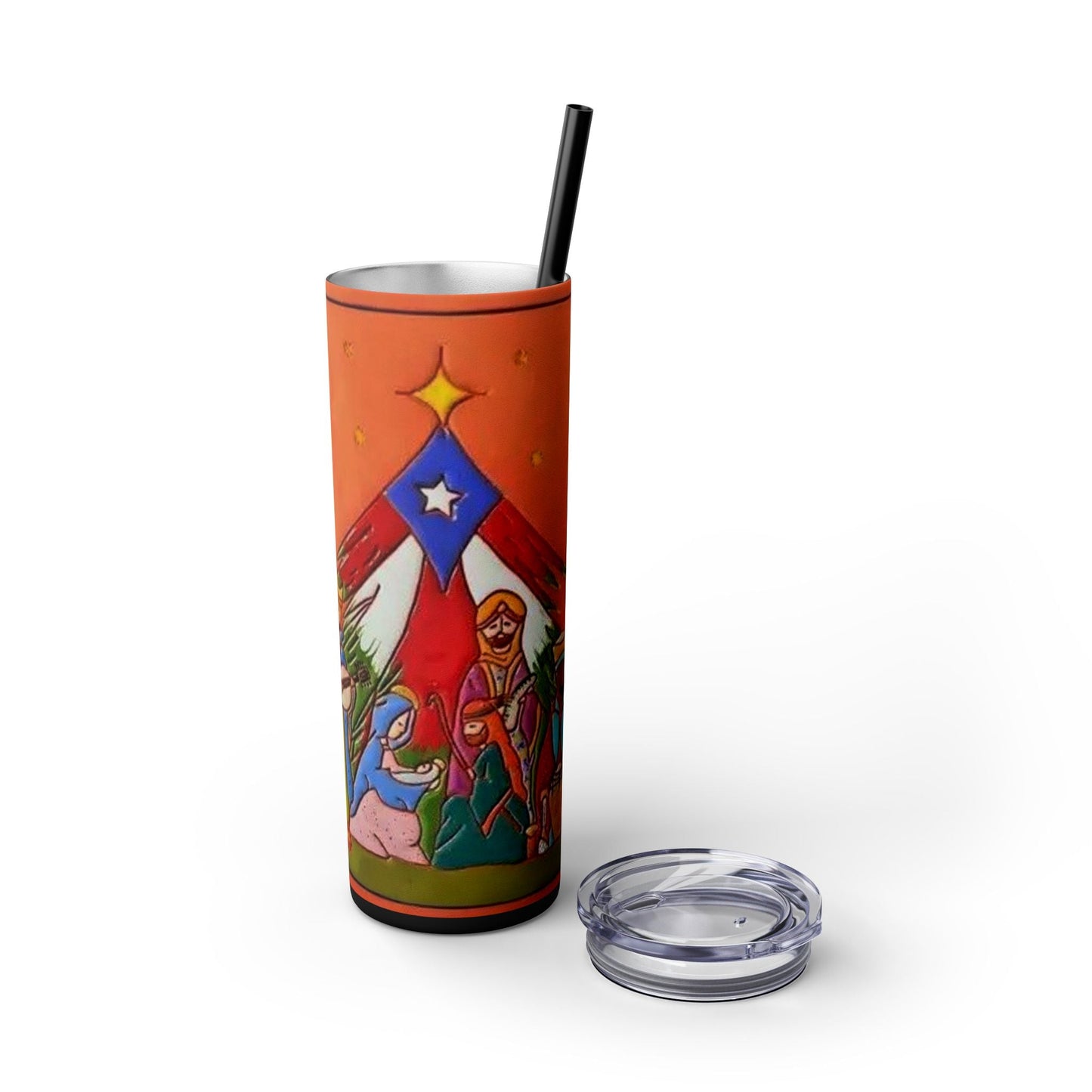 Puerto Rican Christmas Vibrant Nativity Skinny Tumbler, 20oz – Colorful Christmas Travel Mug, Holiday Gift, Personalized Drinkware, Festive Straw Cup - Metamorphosis Creations