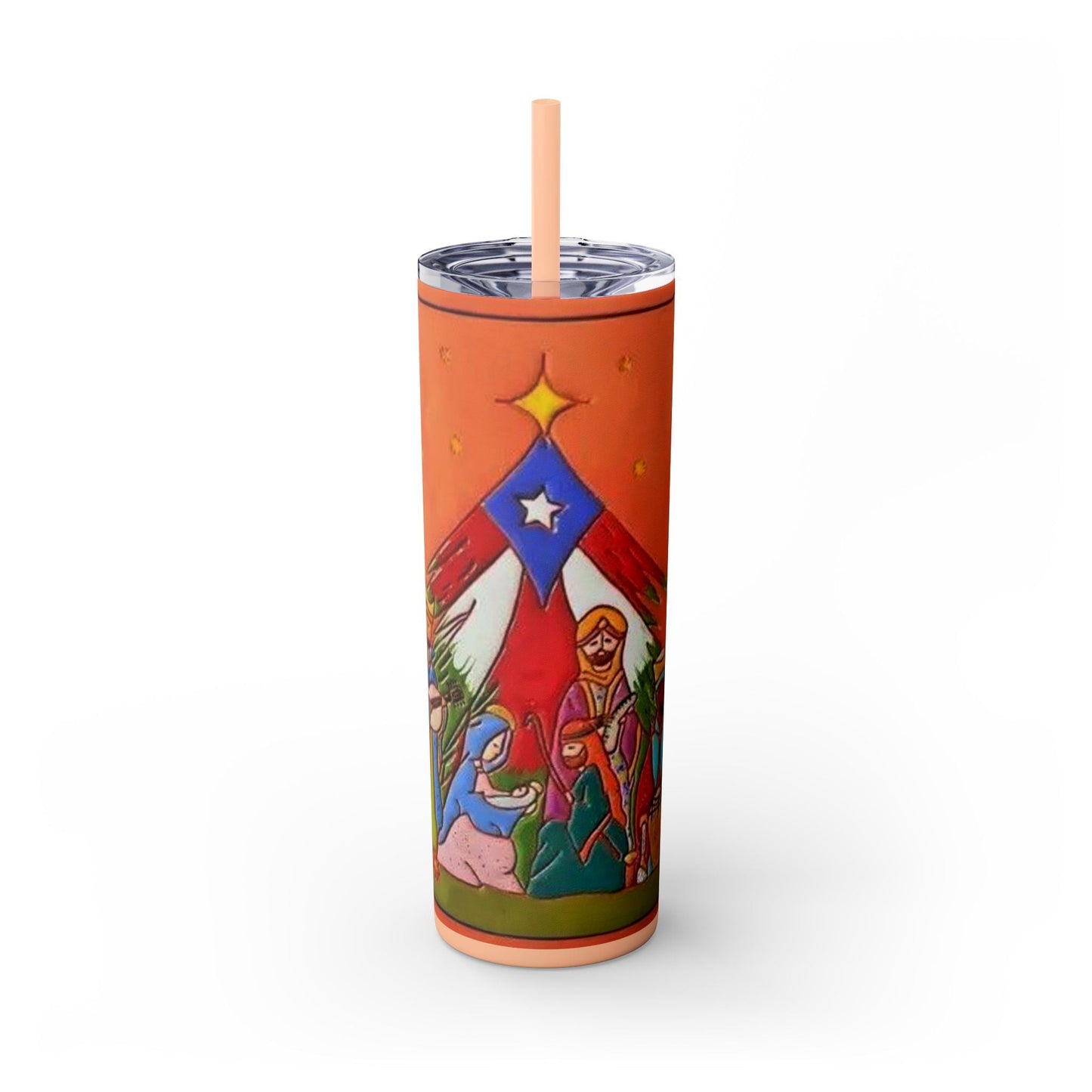 Puerto Rican Christmas Vibrant Nativity Skinny Tumbler, 20oz – Colorful Christmas Travel Mug, Holiday Gift, Personalized Drinkware, Festive Straw Cup - Metamorphosis Creations