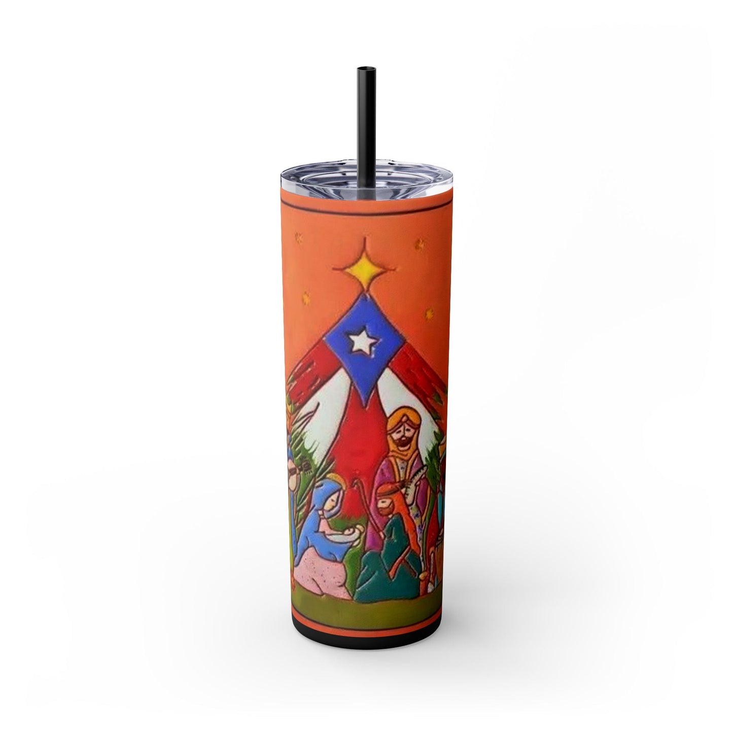 Puerto Rican Christmas Vibrant Nativity Skinny Tumbler, 20oz – Colorful Christmas Travel Mug, Holiday Gift, Personalized Drinkware, Festive Straw Cup - Metamorphosis Creations