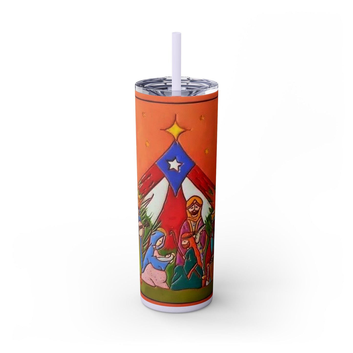 Puerto Rican Christmas Vibrant Nativity Skinny Tumbler, 20oz – Colorful Christmas Travel Mug, Holiday Gift, Personalized Drinkware, Festive Straw Cup - Metamorphosis Creations