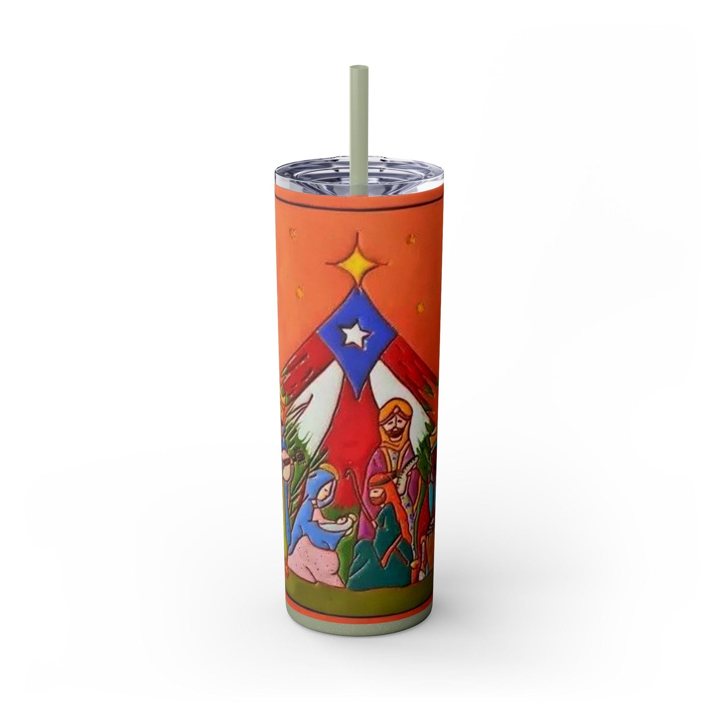 Puerto Rican Christmas Vibrant Nativity Skinny Tumbler, 20oz – Colorful Christmas Travel Mug, Holiday Gift, Personalized Drinkware, Festive Straw Cup - Metamorphosis Creations