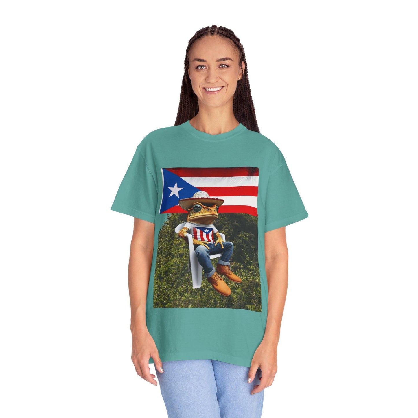 Puerto Rican Flag Shirt Coquà Frog T-Shirt Boricua Unisex Tee, Taino Puerto Rico Gift, Garment Dyed Vintage Look Graphic Shirt - Metamorphosis Creations