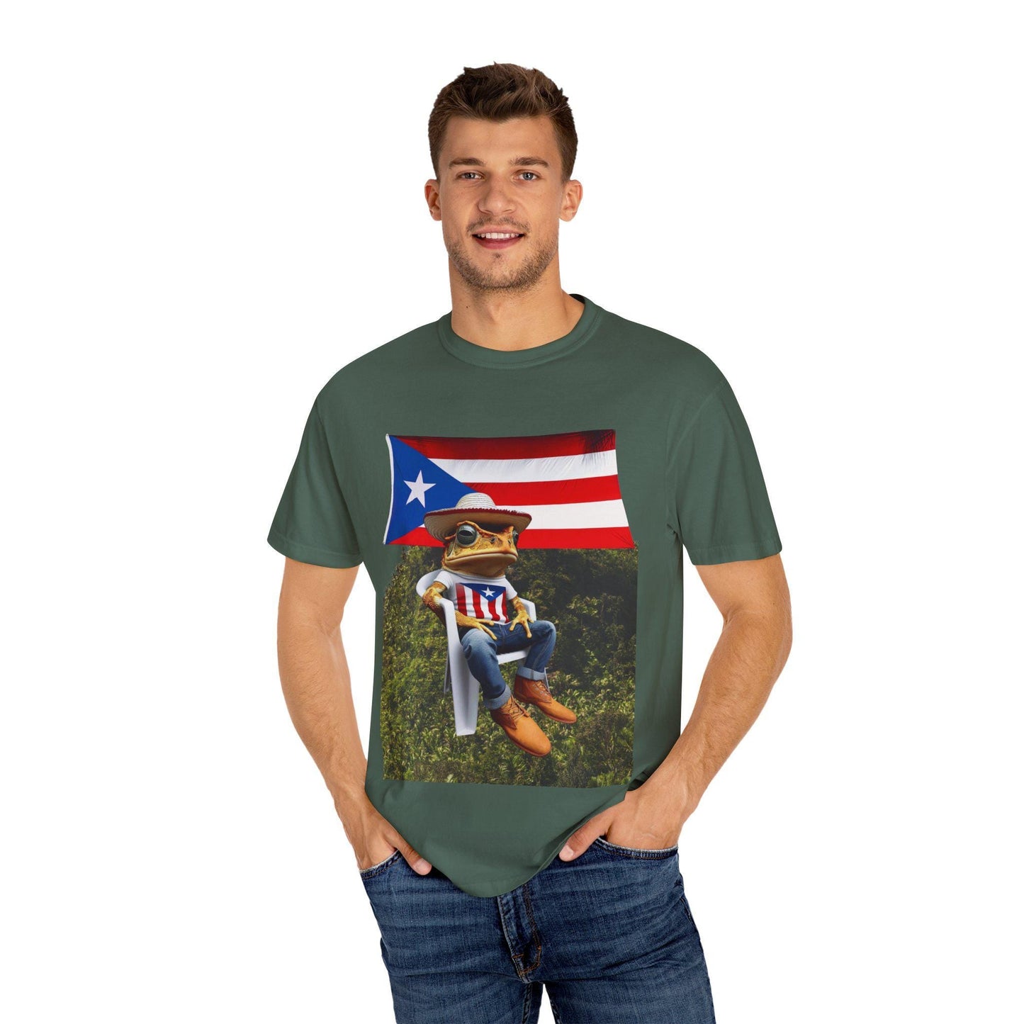 Puerto Rican Flag Shirt Coquà Frog T-Shirt Boricua Unisex Tee, Taino Puerto Rico Gift, Garment Dyed Vintage Look Graphic Shirt - Metamorphosis Creations