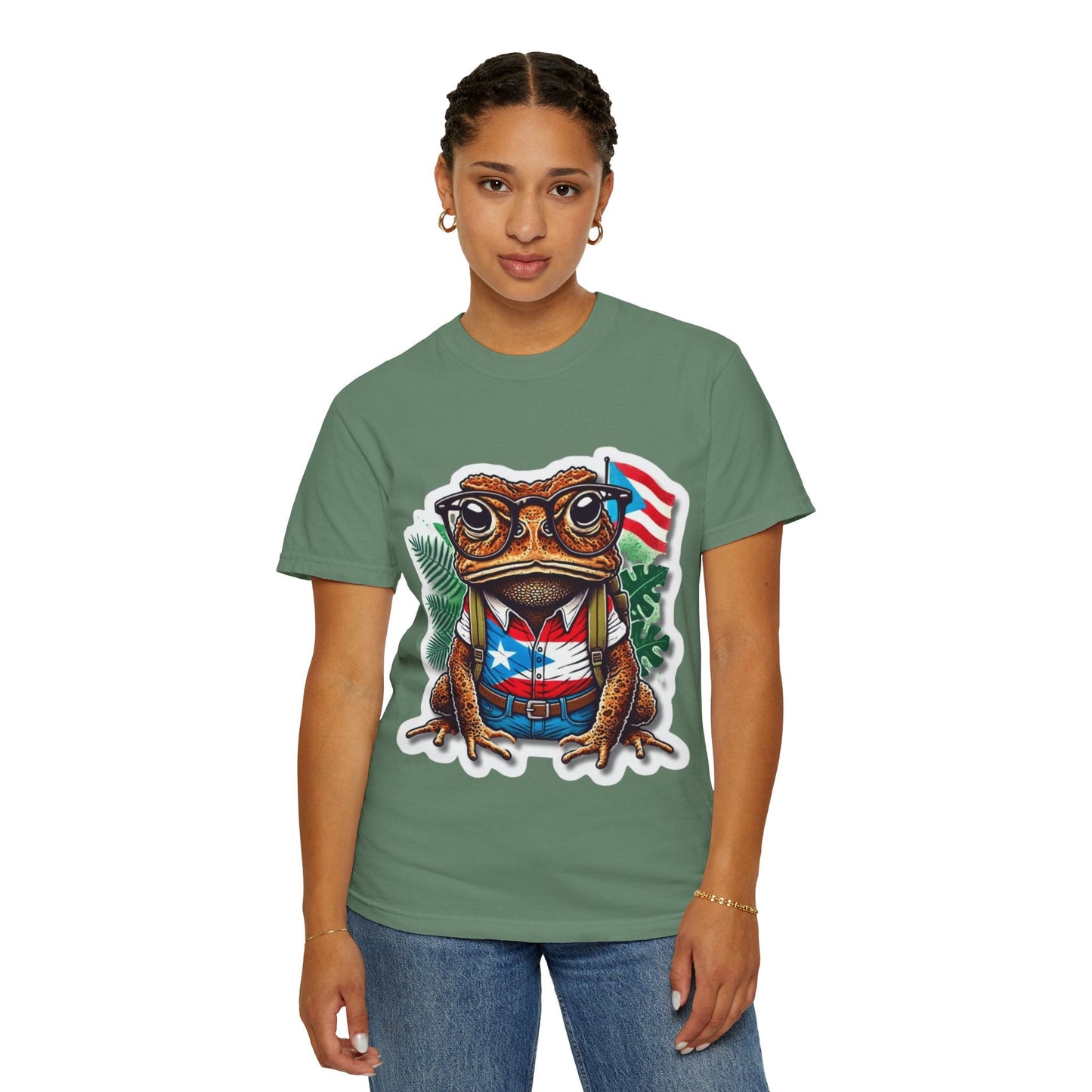 Puerto rico Patriotic Frog T-Shirt, Unisex Garment - Dyed Tee for Nature Lovers, Summer Parties, Luce tu orgullo puertorriqueño con estilo PR - Metamorphosis Creations