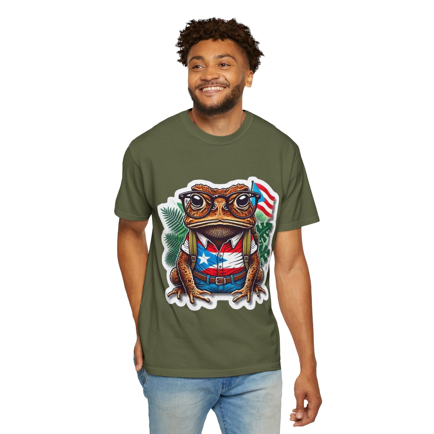 Puerto rico Patriotic Frog T-Shirt, Unisex Garment - Dyed Tee for Nature Lovers, Summer Parties, Luce tu orgullo puertorriqueño con estilo PR - Metamorphosis Creations