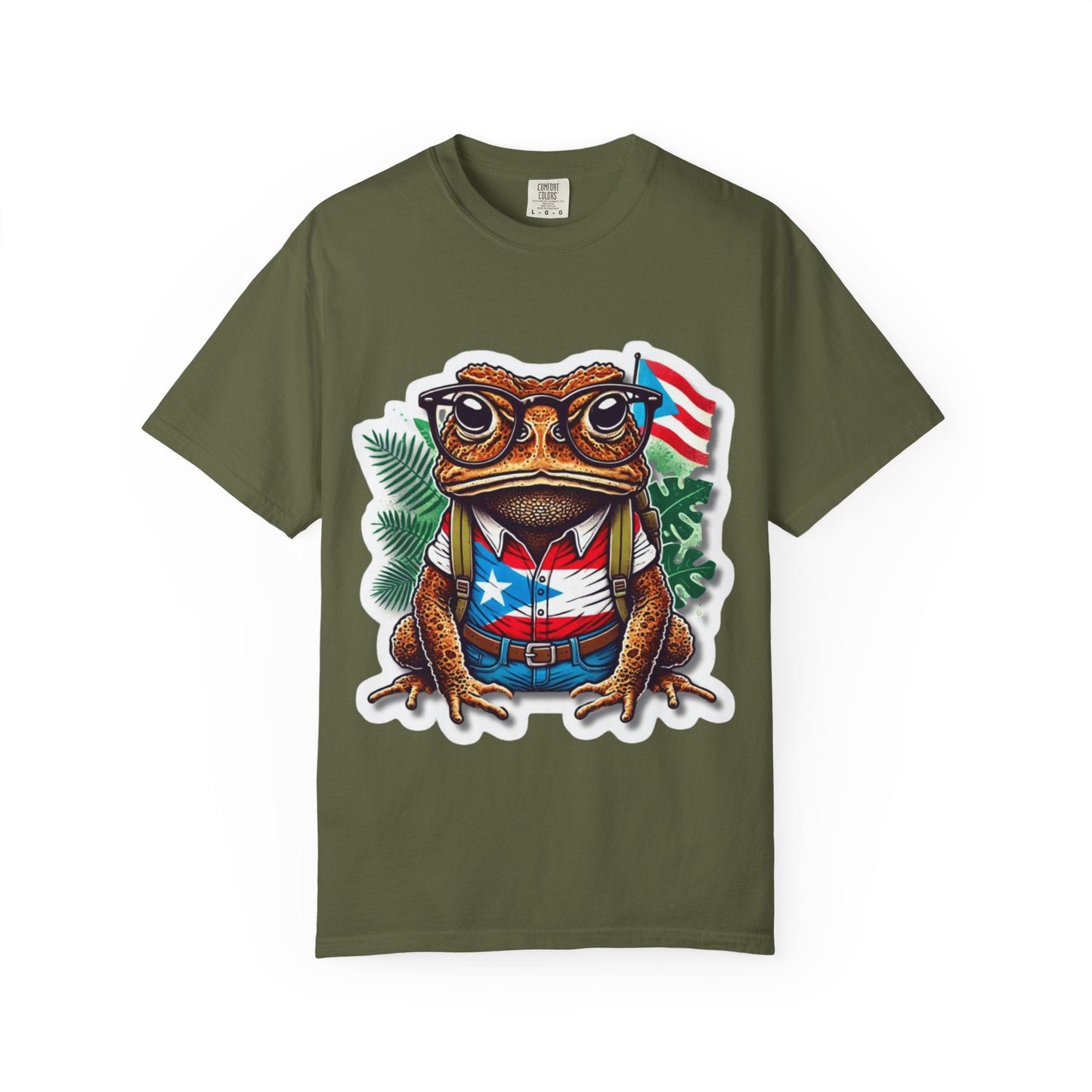 Puerto rico Patriotic Frog T-Shirt, Unisex Garment - Dyed Tee for Nature Lovers, Summer Parties, Luce tu orgullo puertorriqueño con estilo PR - Metamorphosis Creations