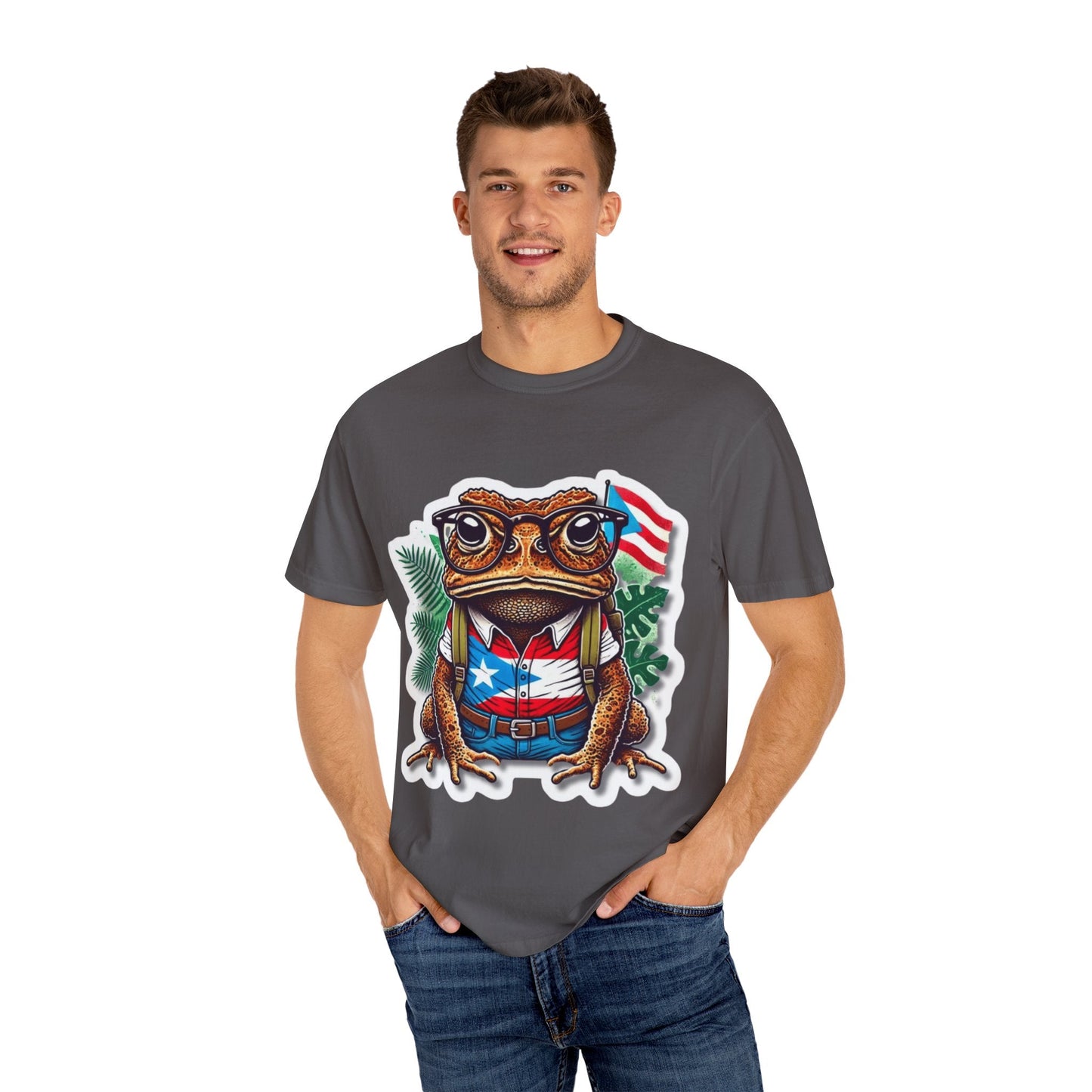 Puerto rico Patriotic Frog T-Shirt, Unisex Garment - Dyed Tee for Nature Lovers, Summer Parties, Luce tu orgullo puertorriqueño con estilo PR - Metamorphosis Creations