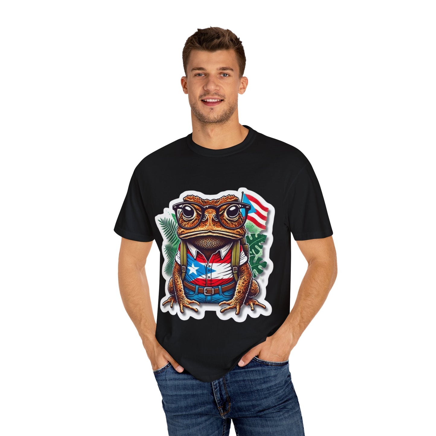 Puerto rico Patriotic Frog T-Shirt, Unisex Garment - Dyed Tee for Nature Lovers, Summer Parties, Luce tu orgullo puertorriqueño con estilo PR - Metamorphosis Creations