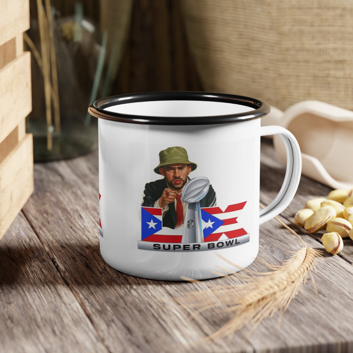Puerto Rico Super Bowl Enamel Camp Cup | Retro Football Travel Mug, Sports Gift for Him, Tailgate Accessories, Outdoor Adventure - Metamorphosis Creations
