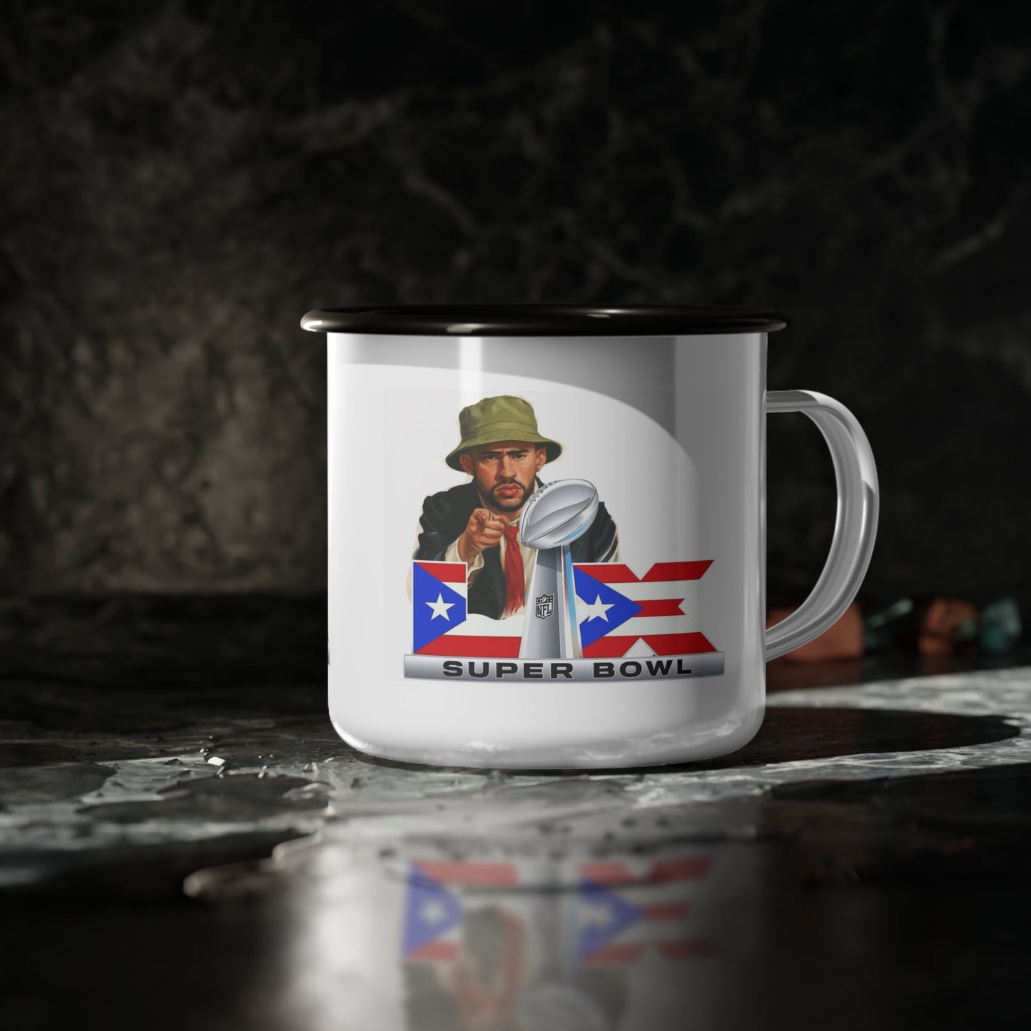 Puerto Rico Super Bowl Enamel Camp Cup | Retro Football Travel Mug, Sports Gift for Him, Tailgate Accessories, Outdoor Adventure - Metamorphosis Creations