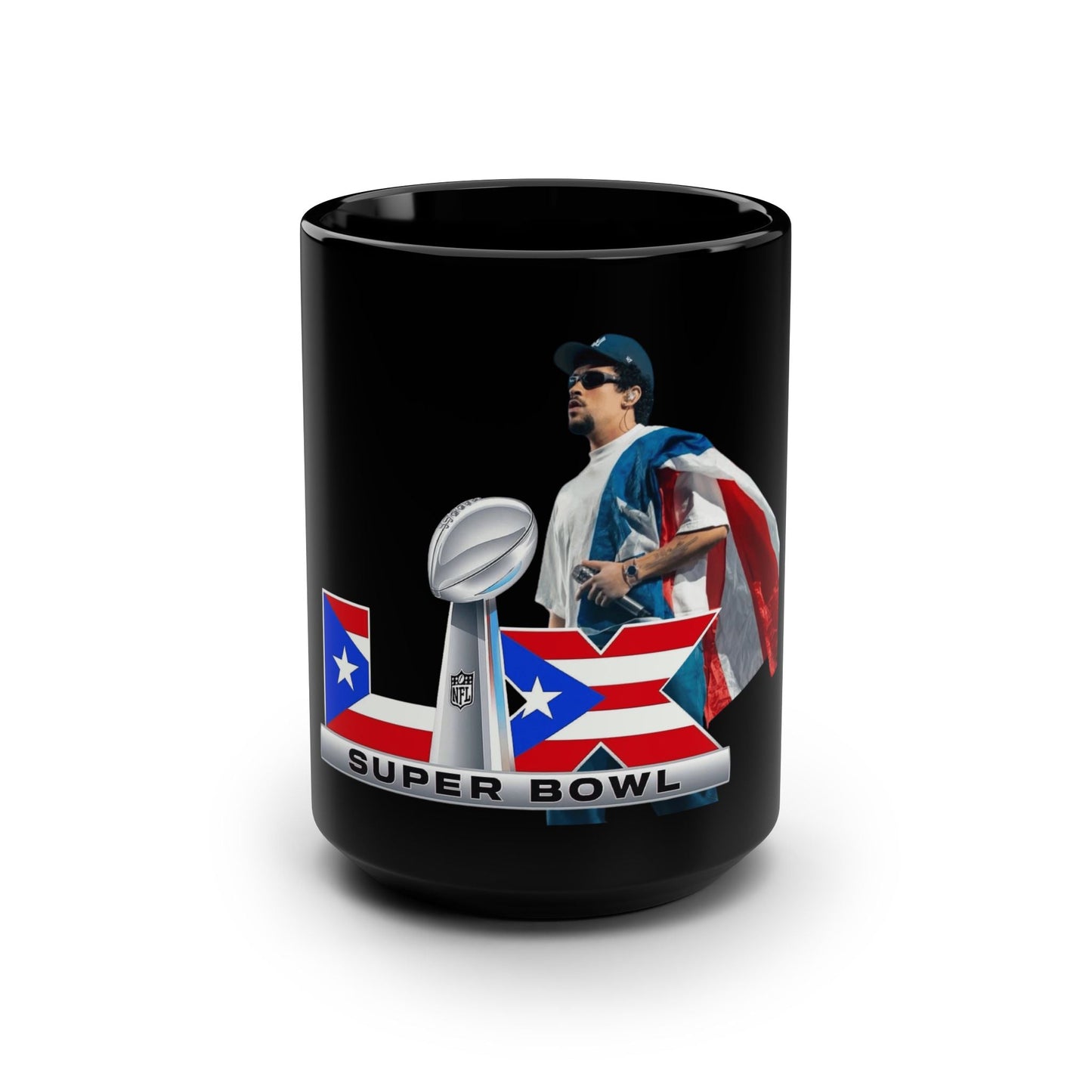 Puerto Rico Super Bowl Themed Black Mug, Perfect for Game Day, Football Fan Gift, 15oz Coffee Cup, Sports Memorabilia, NFL Celebration - Metamorphosis Creations