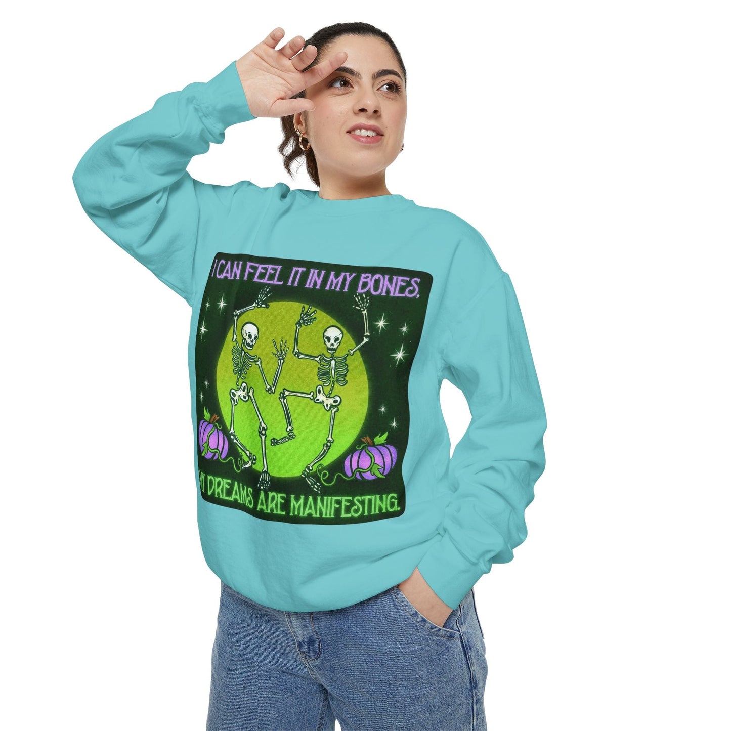 Spooky Manifesting Sweatshirt, Unisex Skeleton Pullover, Halloween Apparel, Cozy Fall Fashion, Casual Trendy Top, Unique Gift - Metamorphosis Creations