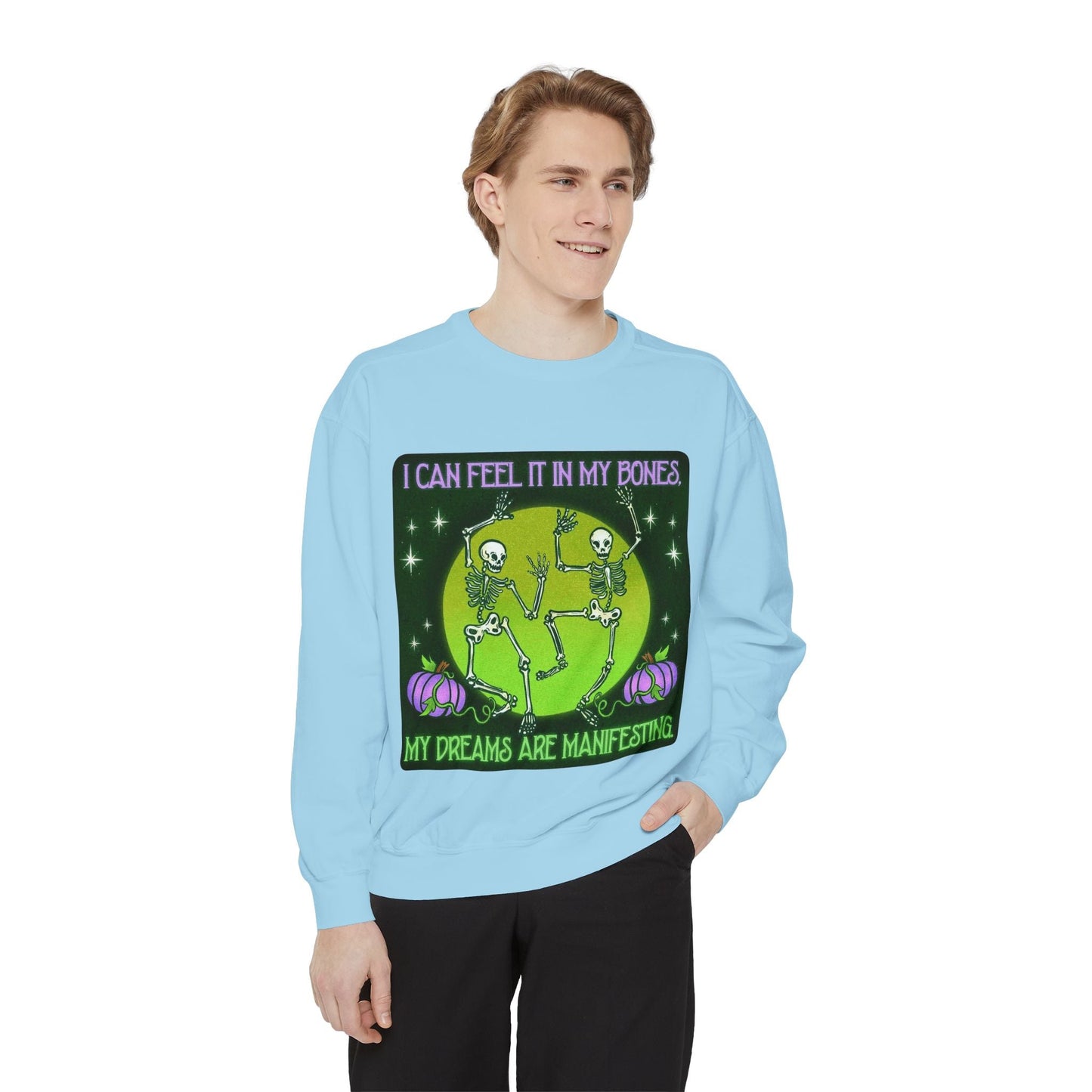 Spooky Manifesting Sweatshirt, Unisex Skeleton Pullover, Halloween Apparel, Cozy Fall Fashion, Casual Trendy Top, Unique Gift - Metamorphosis Creations