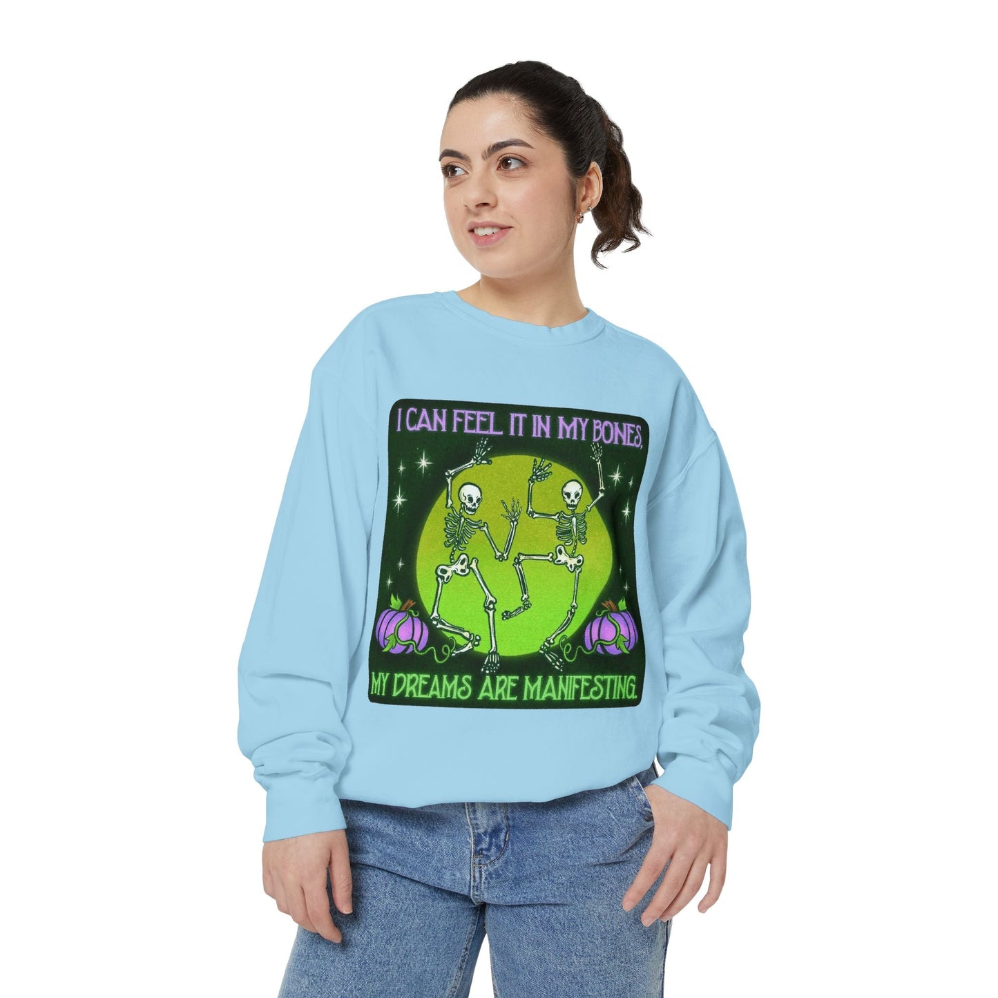Spooky Manifesting Sweatshirt, Unisex Skeleton Pullover, Halloween Apparel, Cozy Fall Fashion, Casual Trendy Top, Unique Gift - Metamorphosis Creations
