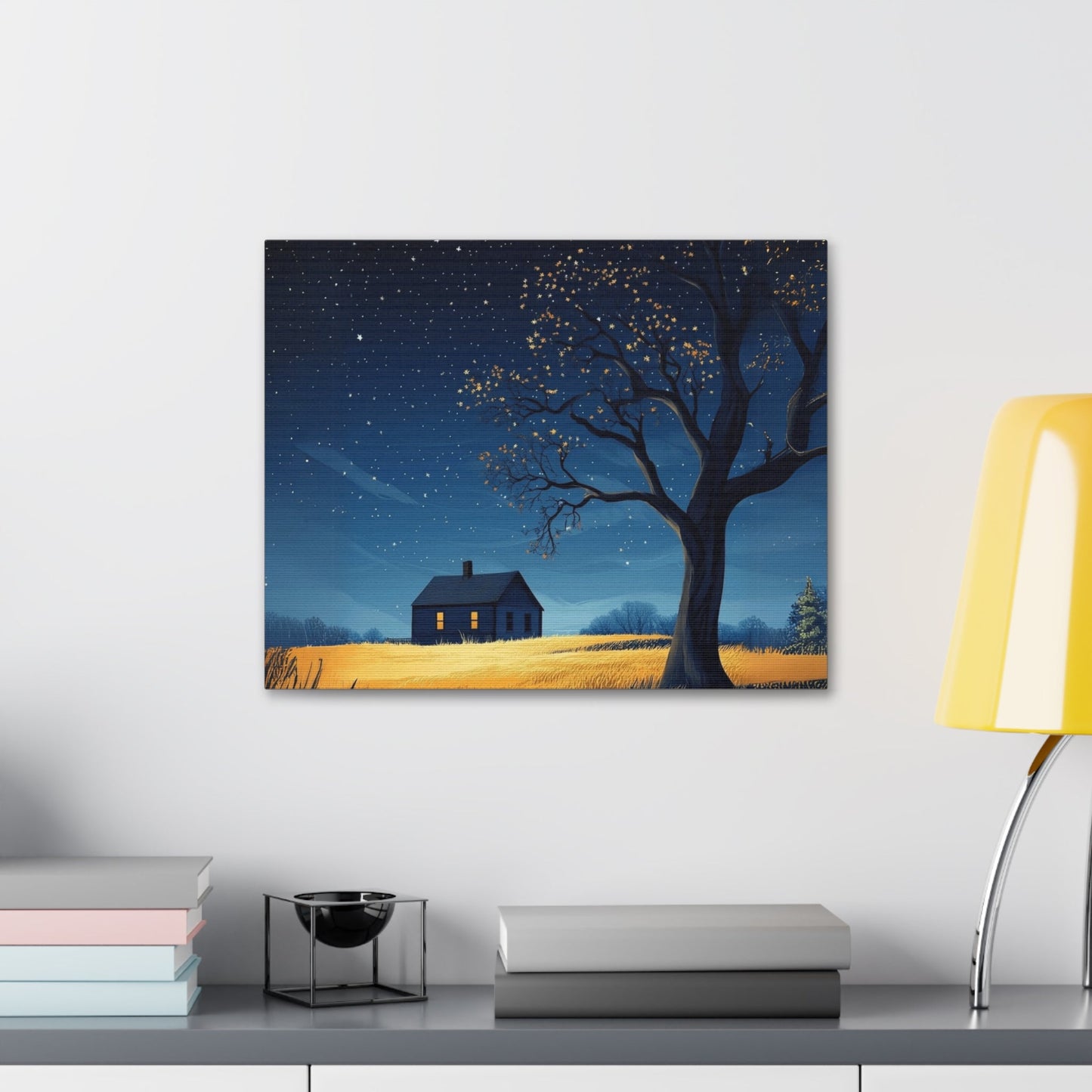 Starry Night Canvas Wall Art, Cozy Home Decor, Night Sky Illustration, Modern Wall Hanging, Bedroom or Living Room Art - Metamorphosis Creations