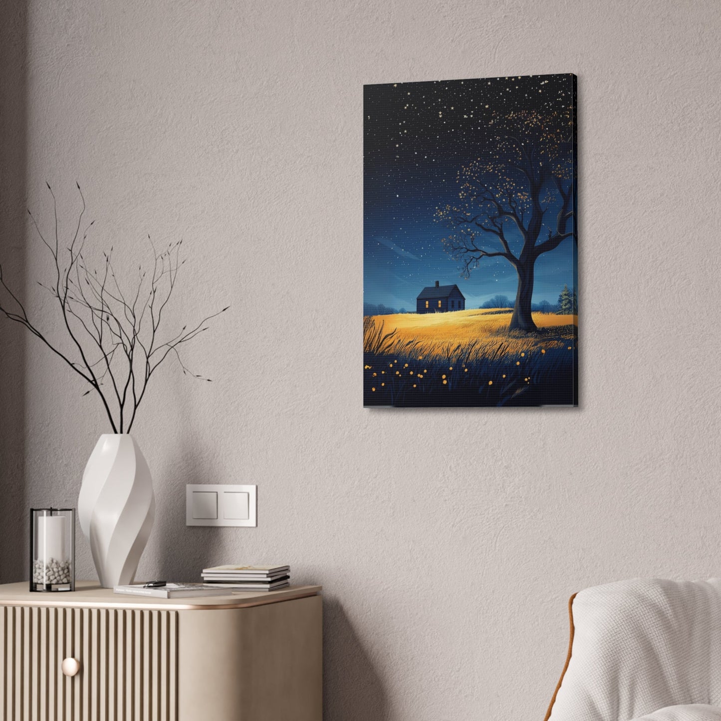 Starry Night Canvas Wall Art, Cozy Home Decor, Night Sky Illustration, Modern Wall Hanging, Bedroom or Living Room Art - Metamorphosis Creations