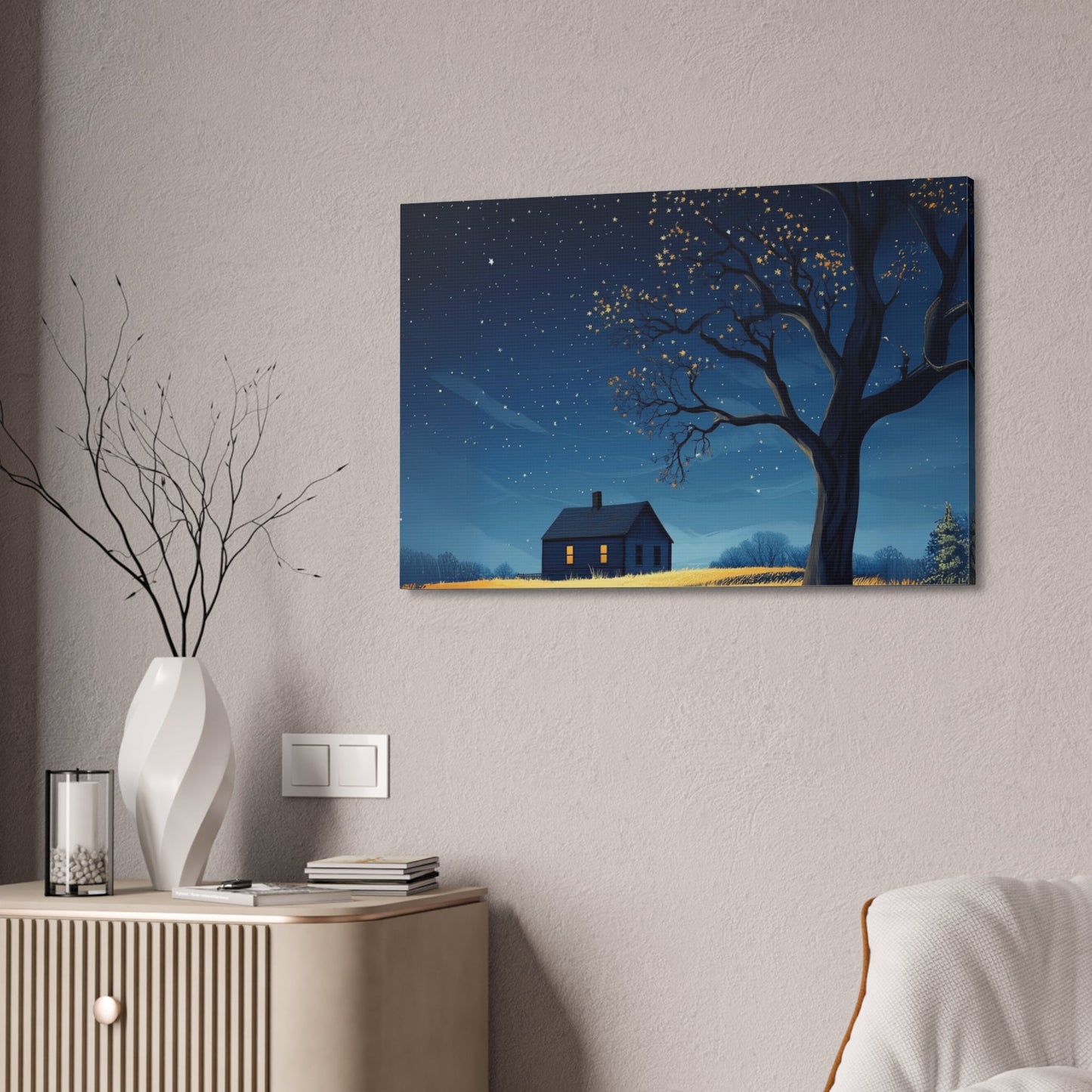 Starry Night Canvas Wall Art, Cozy Home Decor, Night Sky Illustration, Modern Wall Hanging, Bedroom or Living Room Art - Metamorphosis Creations