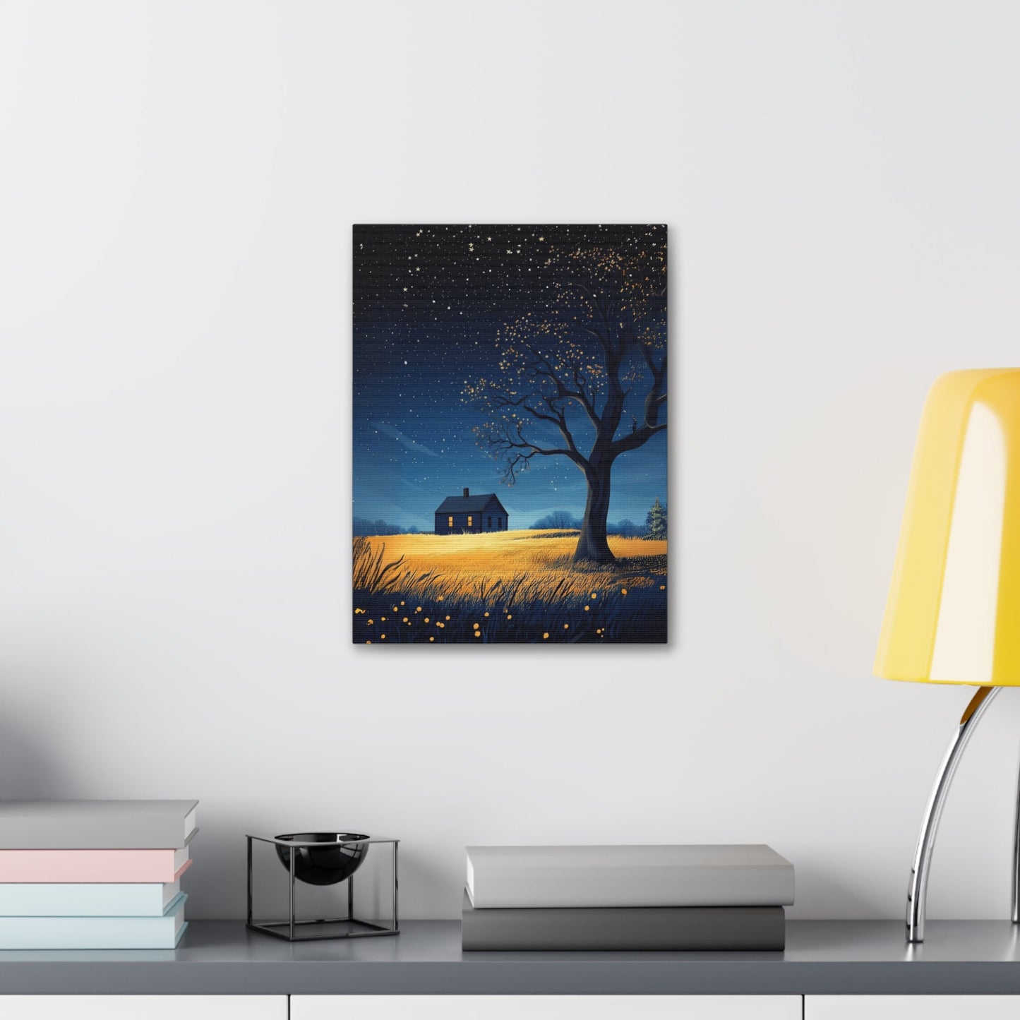 Starry Night Canvas Wall Art, Cozy Home Decor, Night Sky Illustration, Modern Wall Hanging, Bedroom or Living Room Art - Metamorphosis Creations